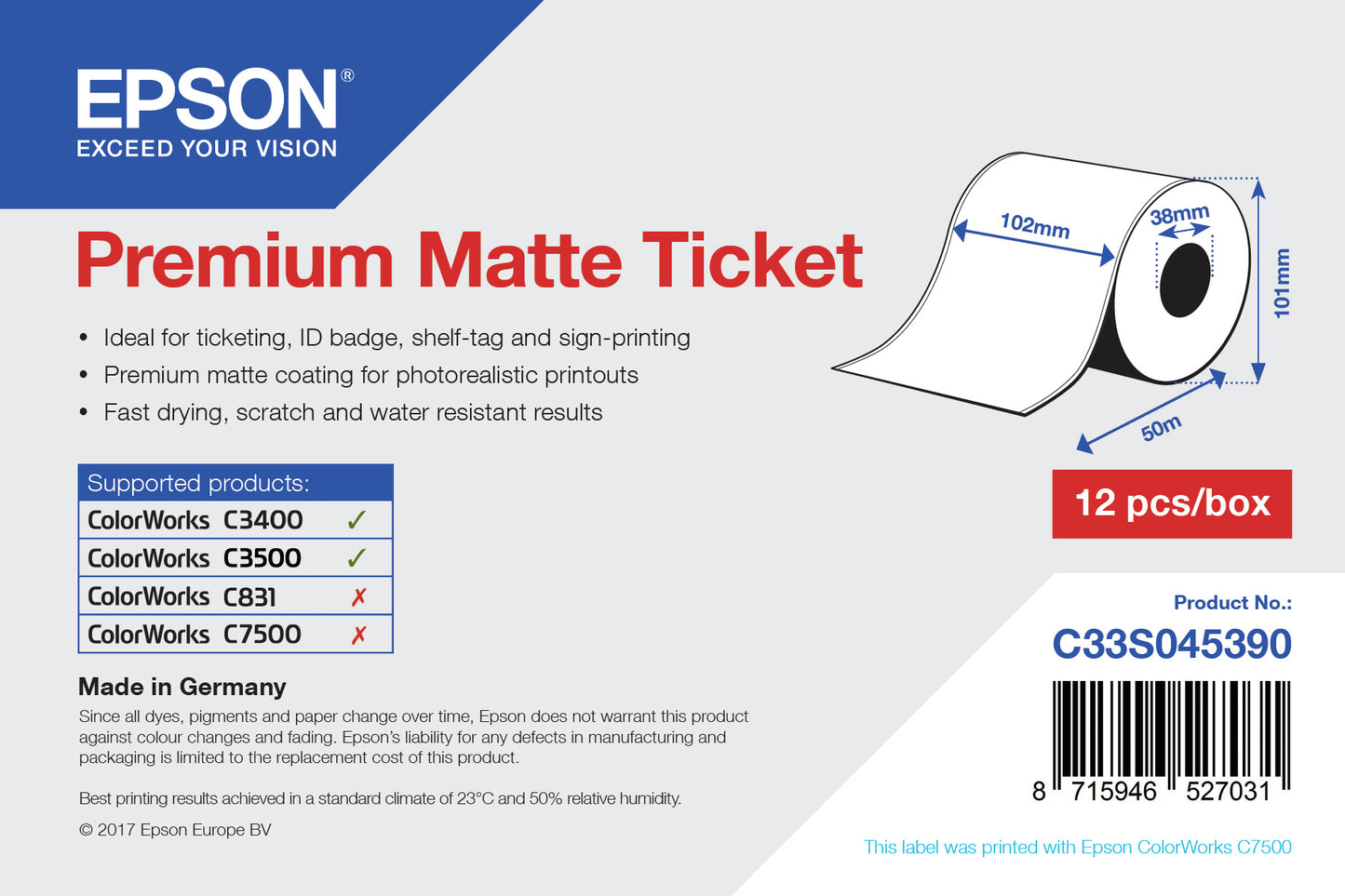 Epson Rouleau d'étiquettes Premium Matte 102mm x 50mm pour TM-C3400