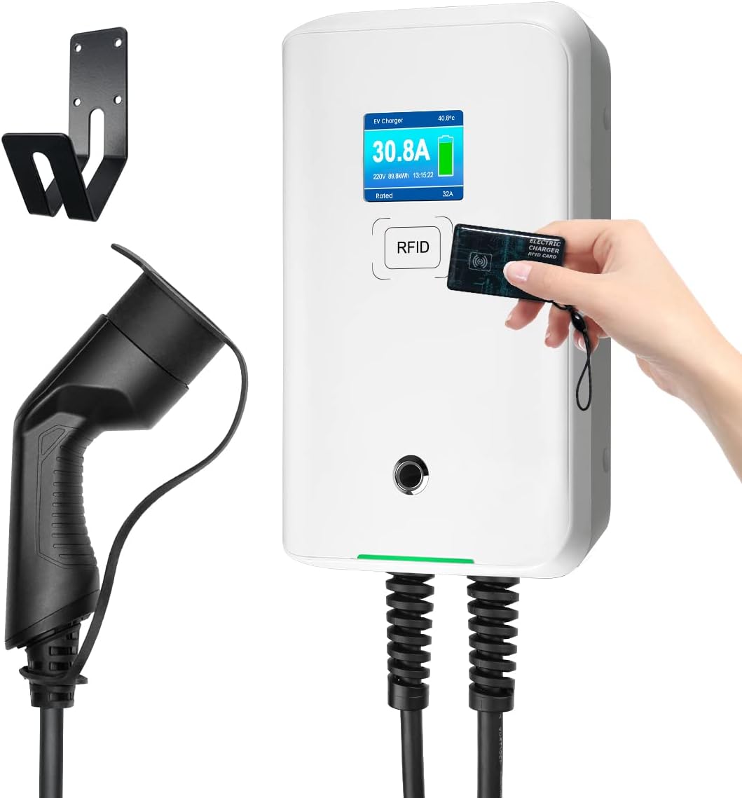 Wallbox 32A (BASIC/APP/RFID) EV 7kW monophasé Station de Recharge pour Voitures électriques avec connecteur Type 2 pour véhicule électrique Conforme à la 6,1m