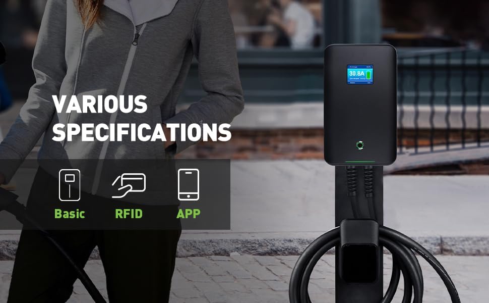 Wallbox 32A (BASIC/APP/RFID) EV 7kW monophasé Station de Recharge pour Voitures électriques avec connecteur Type 2 pour véhicule électrique Conforme à la 6,1m