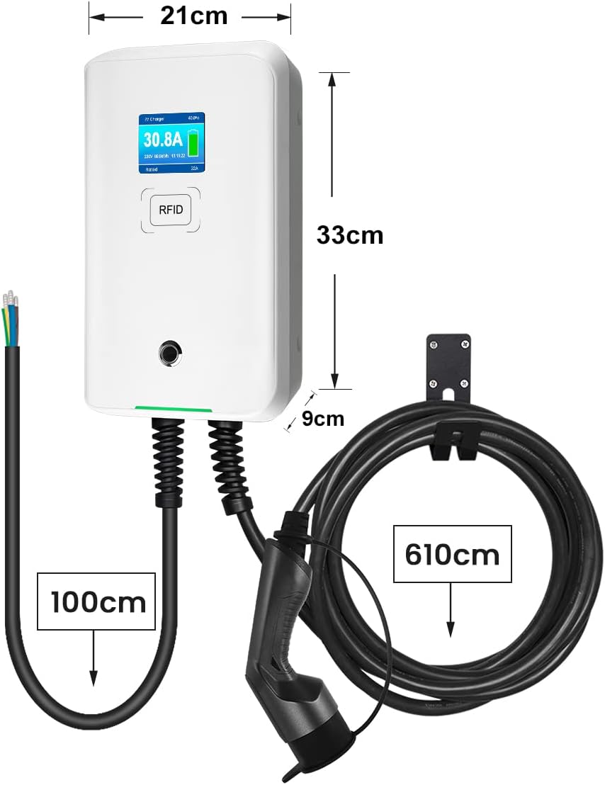 Wallbox 32A (BASIC/APP/RFID) EV 7kW monophasé Station de Recharge pour Voitures électriques avec connecteur Type 2 pour véhicule électrique Conforme à la 6,1m