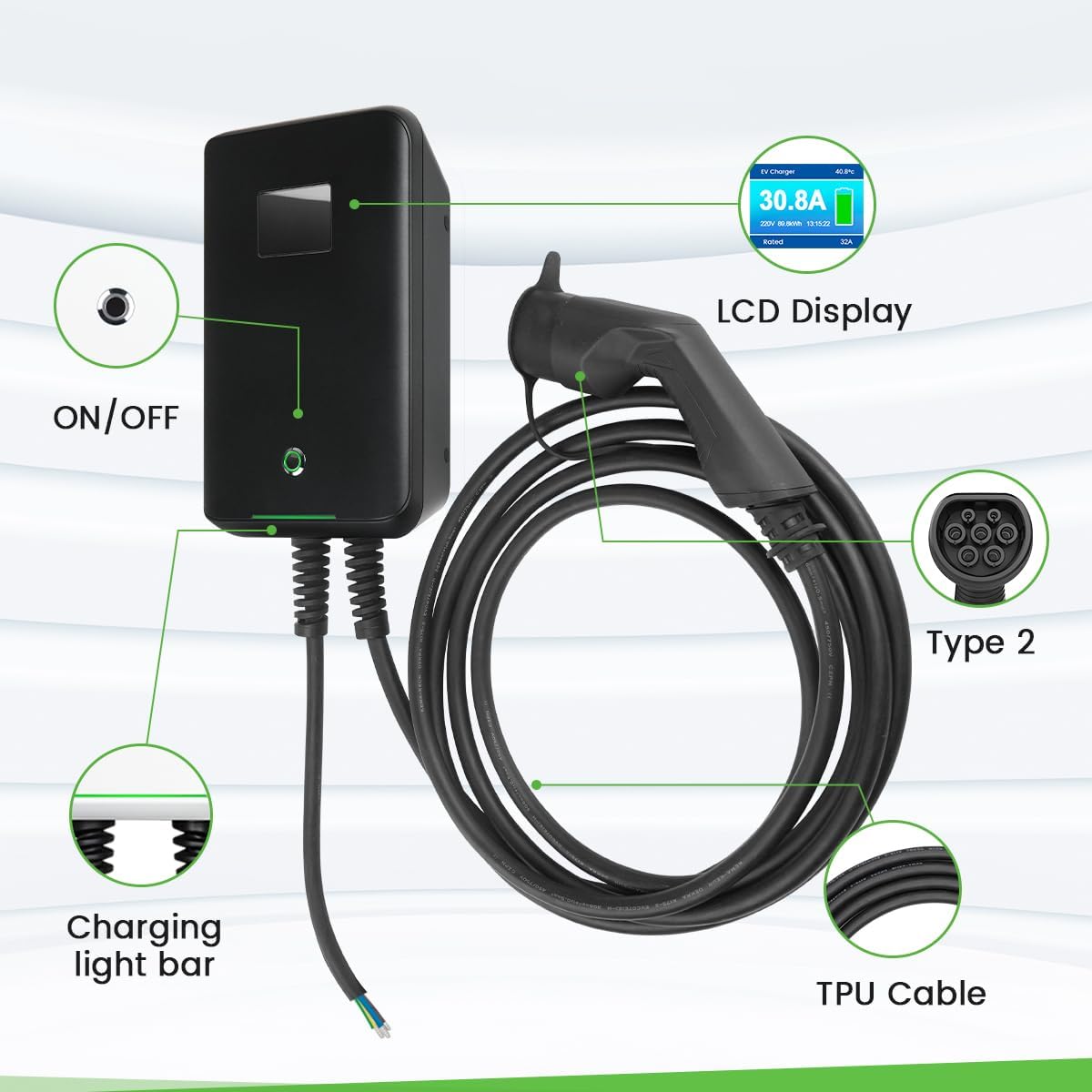 Wallbox 32A (BASIC/APP/RFID) EV 7kW monophasé Station de Recharge pour Voitures électriques avec connecteur Type 2 pour véhicule électrique Conforme à la 6,1m