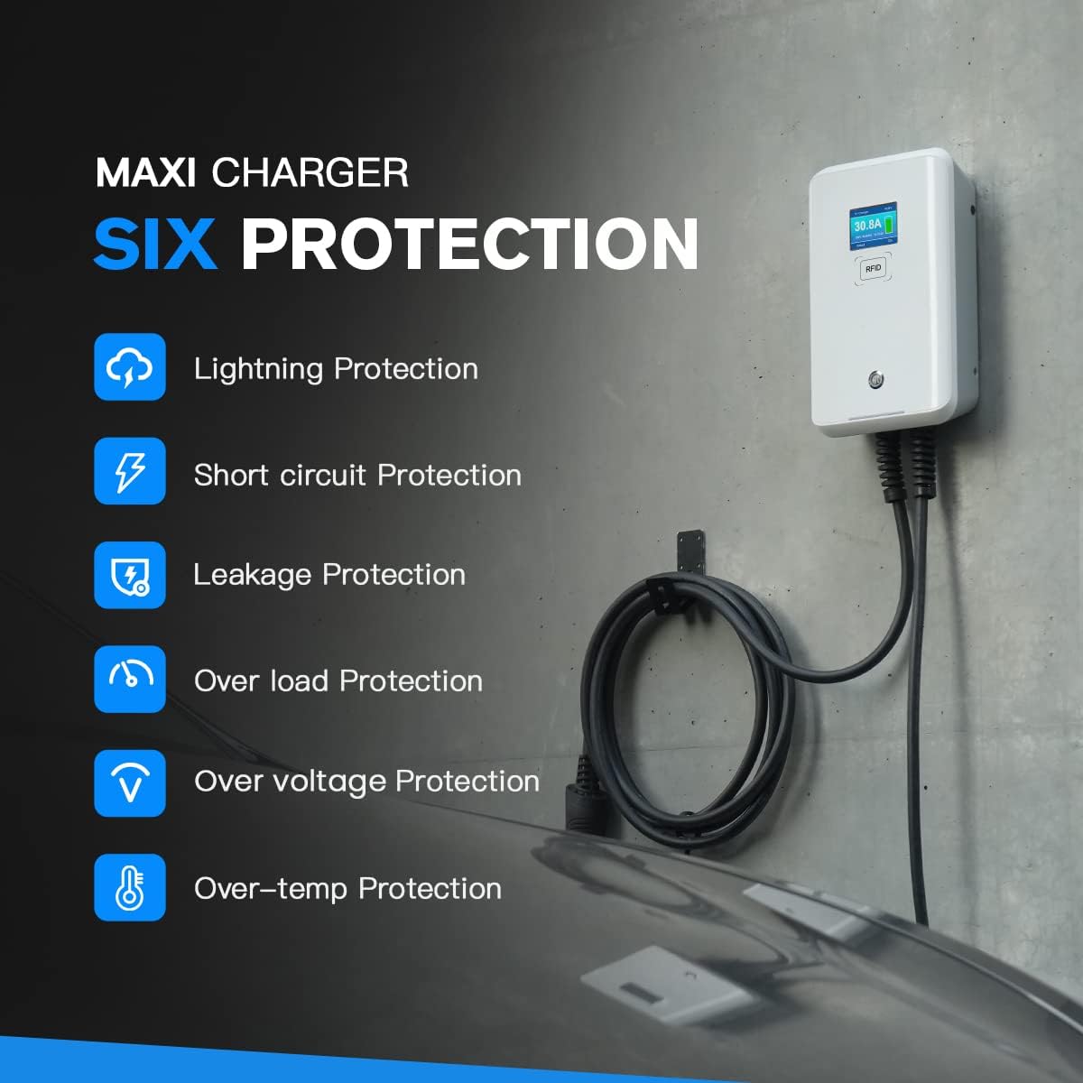 Wallbox 32A (BASIC/APP/RFID) EV 7kW monophasé Station de Recharge pour Voitures électriques avec connecteur Type 2 pour véhicule électrique Conforme à la 6,1m