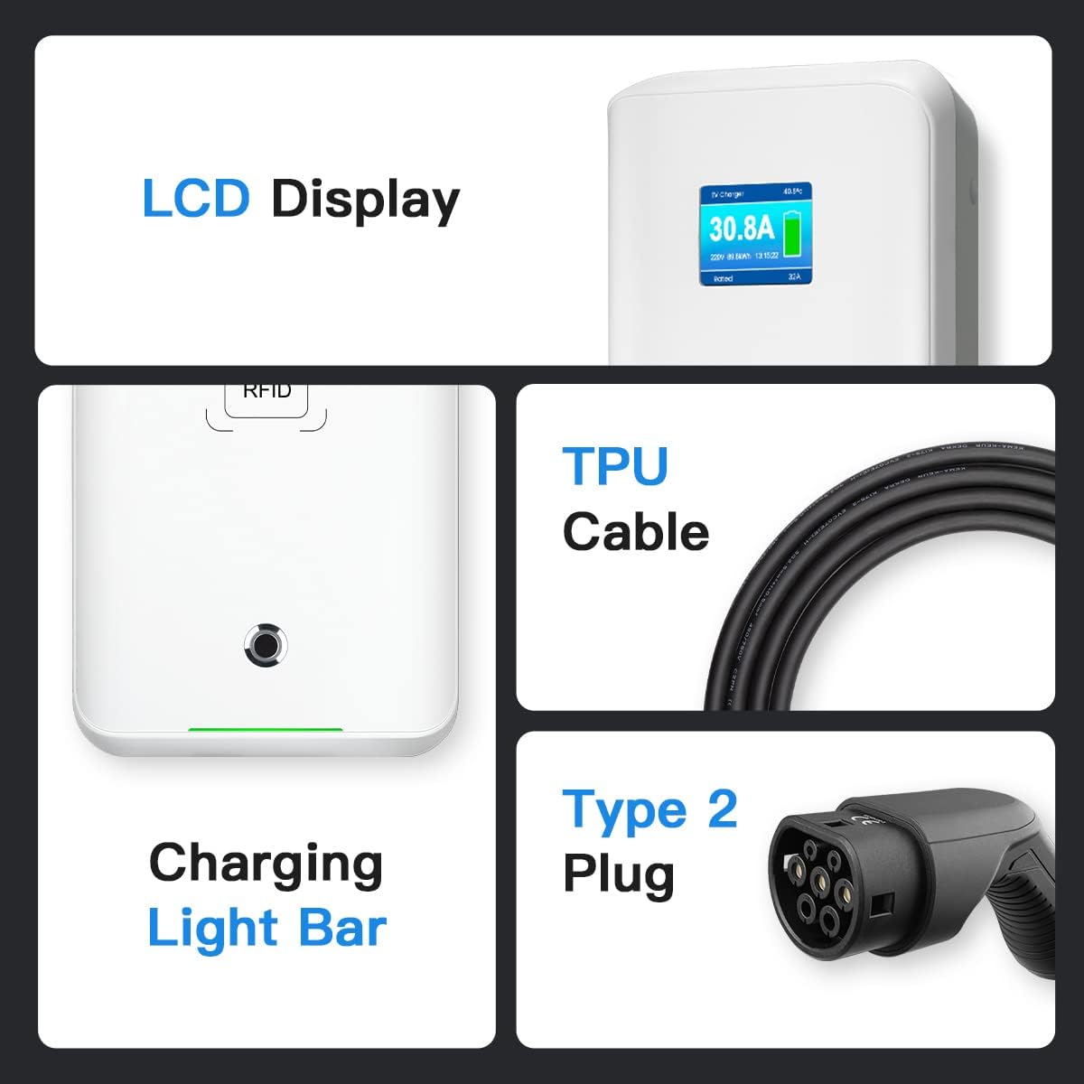 Wallbox 32A (BASIC/APP/RFID) EV 7kW monophasé Station de Recharge pour Voitures électriques avec connecteur Type 2 pour véhicule électrique Conforme à la 6,1m