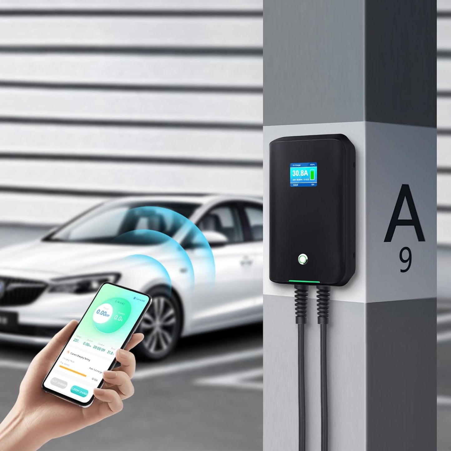 Wallbox 32A (BASIC/APP/RFID) EV 7kW monophasé Station de Recharge pour Voitures électriques avec connecteur Type 2 pour véhicule électrique Conforme à la 6,1m