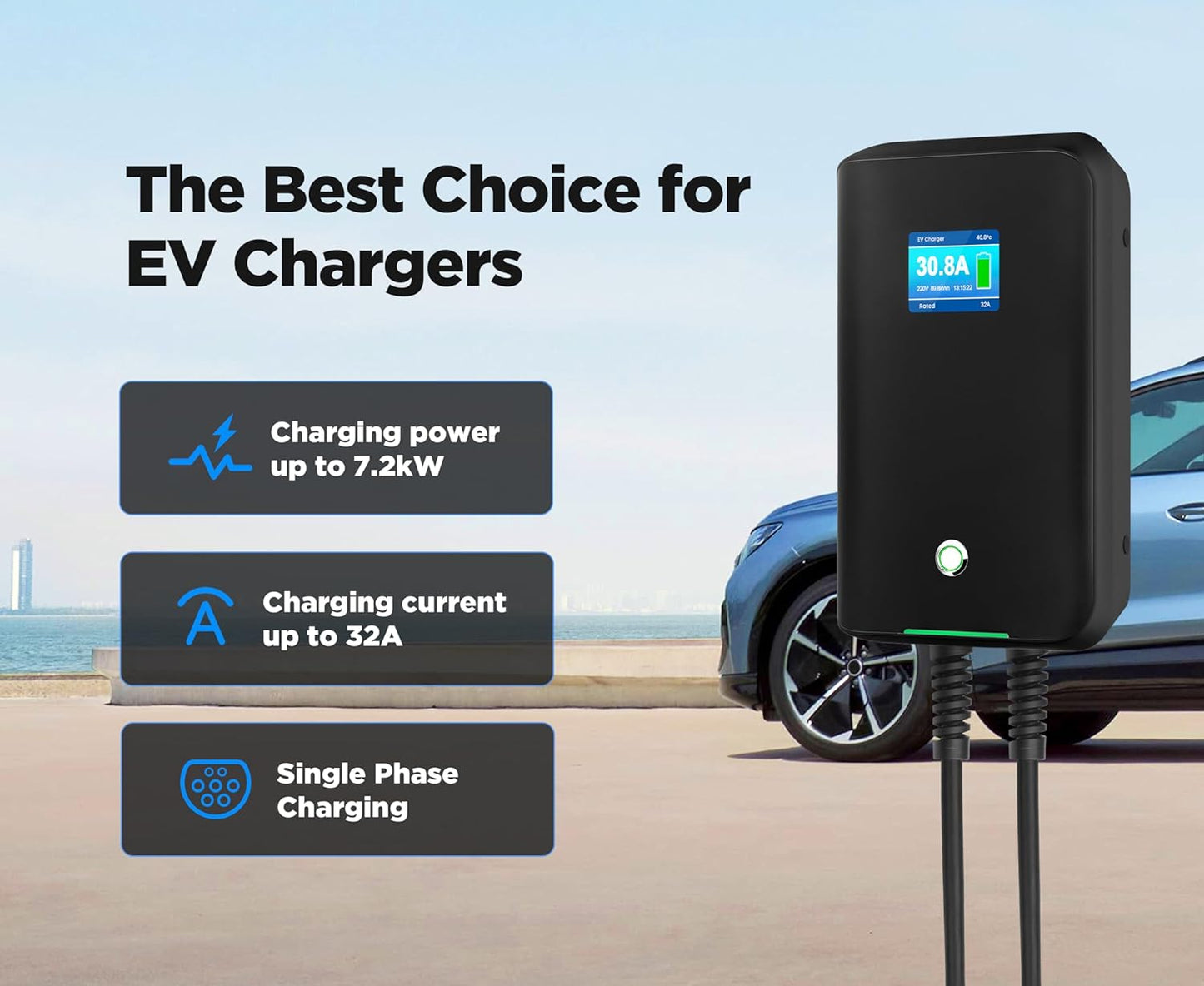 Wallbox 32A (BASIC/APP/RFID) EV 7kW monophasé Station de Recharge pour Voitures électriques avec connecteur Type 2 pour véhicule électrique Conforme à la 6,1m