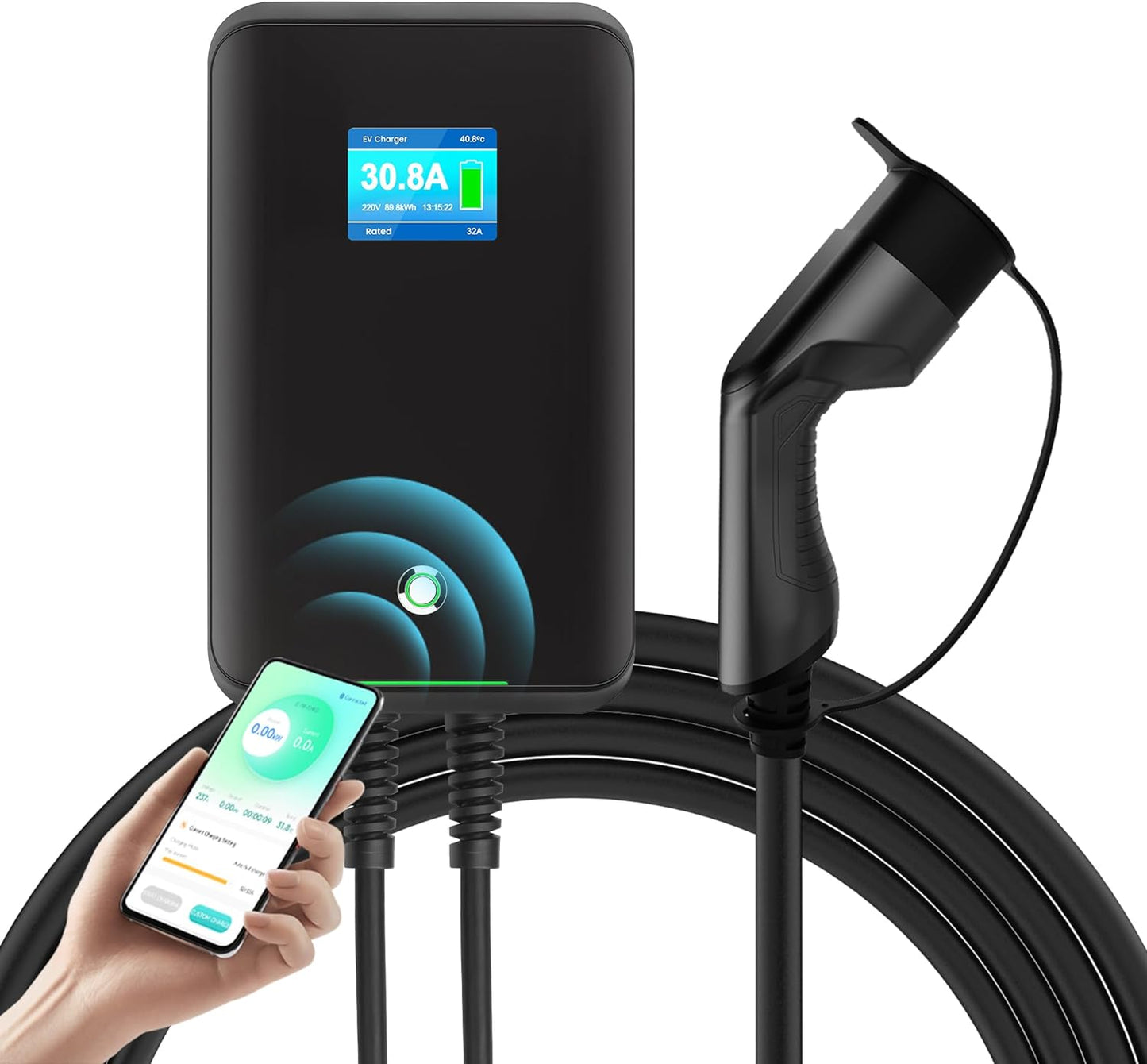 Wallbox 32A (BASIC/APP/RFID) EV 7kW monophasé Station de Recharge pour Voitures électriques avec connecteur Type 2 pour véhicule électrique Conforme à la 6,1m