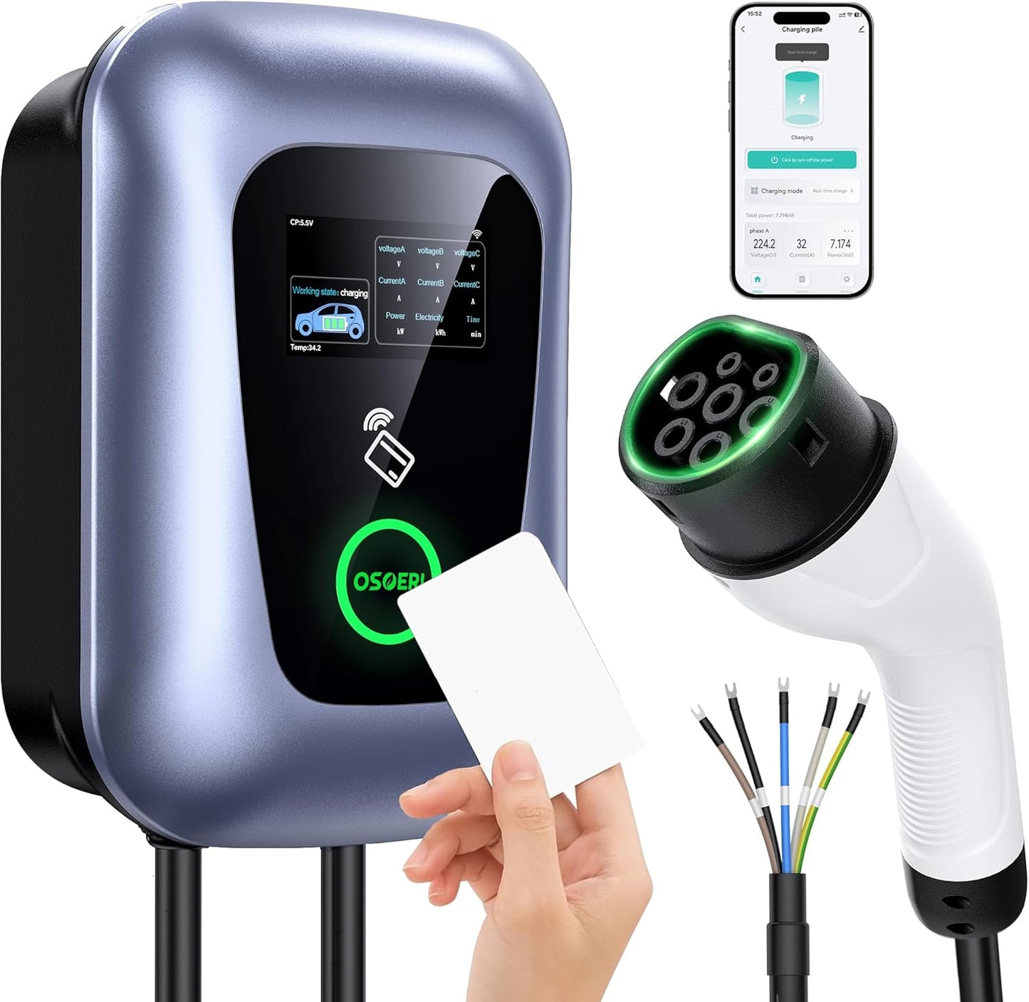 Osoeri Borne de Recharge Véhicules Électrique, EV Chargeur Monophasé ou Triphasé Câble de Type 2 de 5m avec Contrôle RFID et APP, 32A Station de Charge Standard IEC 62196-2 pour Ménage, 7.36-22kW