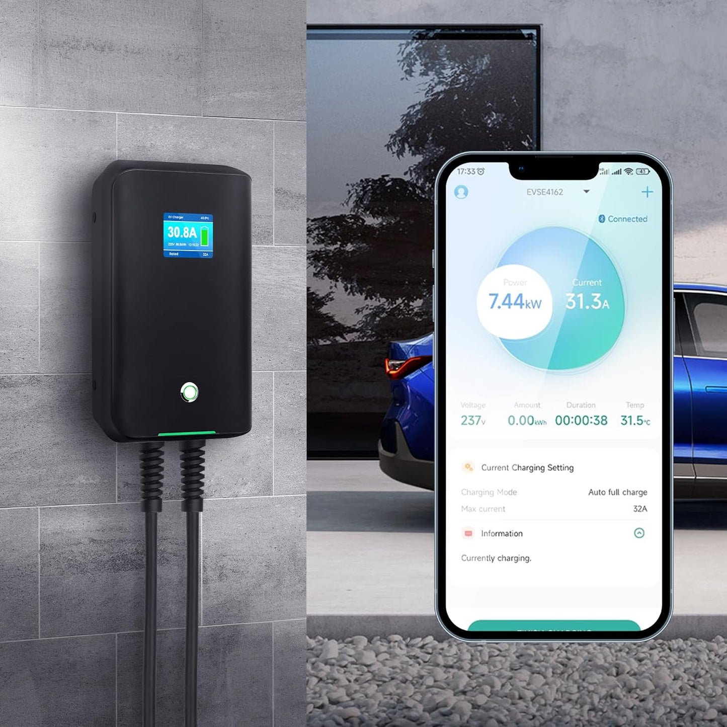 Wallbox 32A (BASIC/APP/RFID) EV 7kW monophasé Station de Recharge pour Voitures électriques avec connecteur Type 2 pour véhicule électrique Conforme à la 6,1m