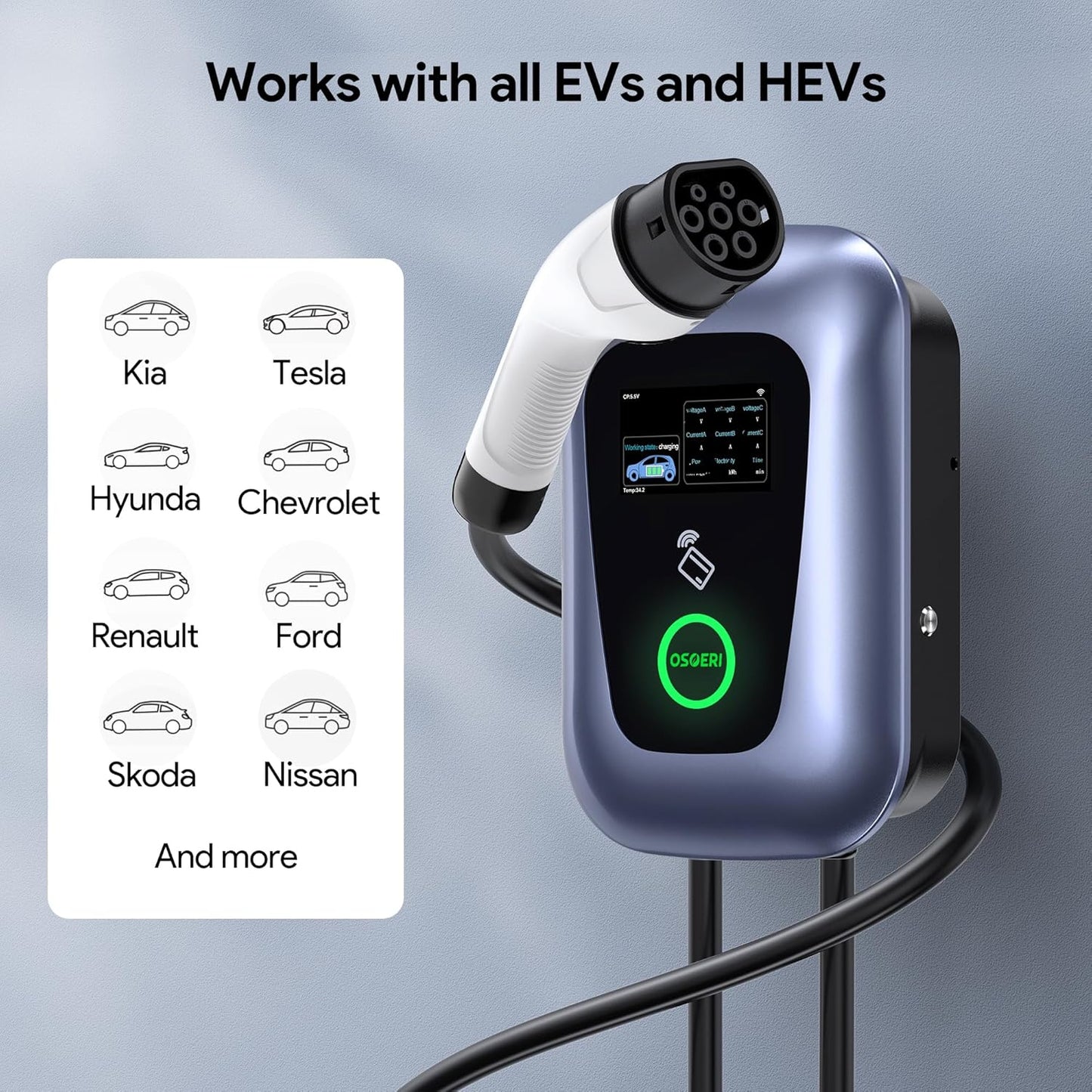 Osoeri Borne de Recharge Véhicules Électrique, EV Chargeur Monophasé ou Triphasé Câble de Type 2 de 5m avec Contrôle RFID et APP, 32A Station de Charge Standard IEC 62196-2 pour Ménage, 7.36-22kW