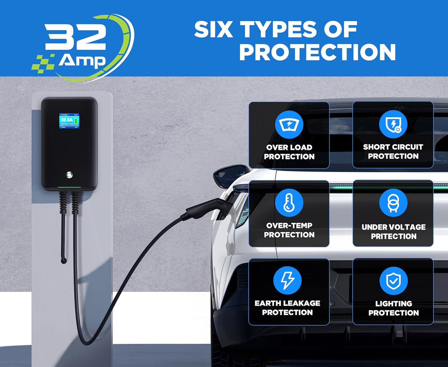 Wallbox 32A (BASIC/APP/RFID) EV 7kW monophasé Station de Recharge pour Voitures électriques avec connecteur Type 2 pour véhicule électrique Conforme à la 6,1m
