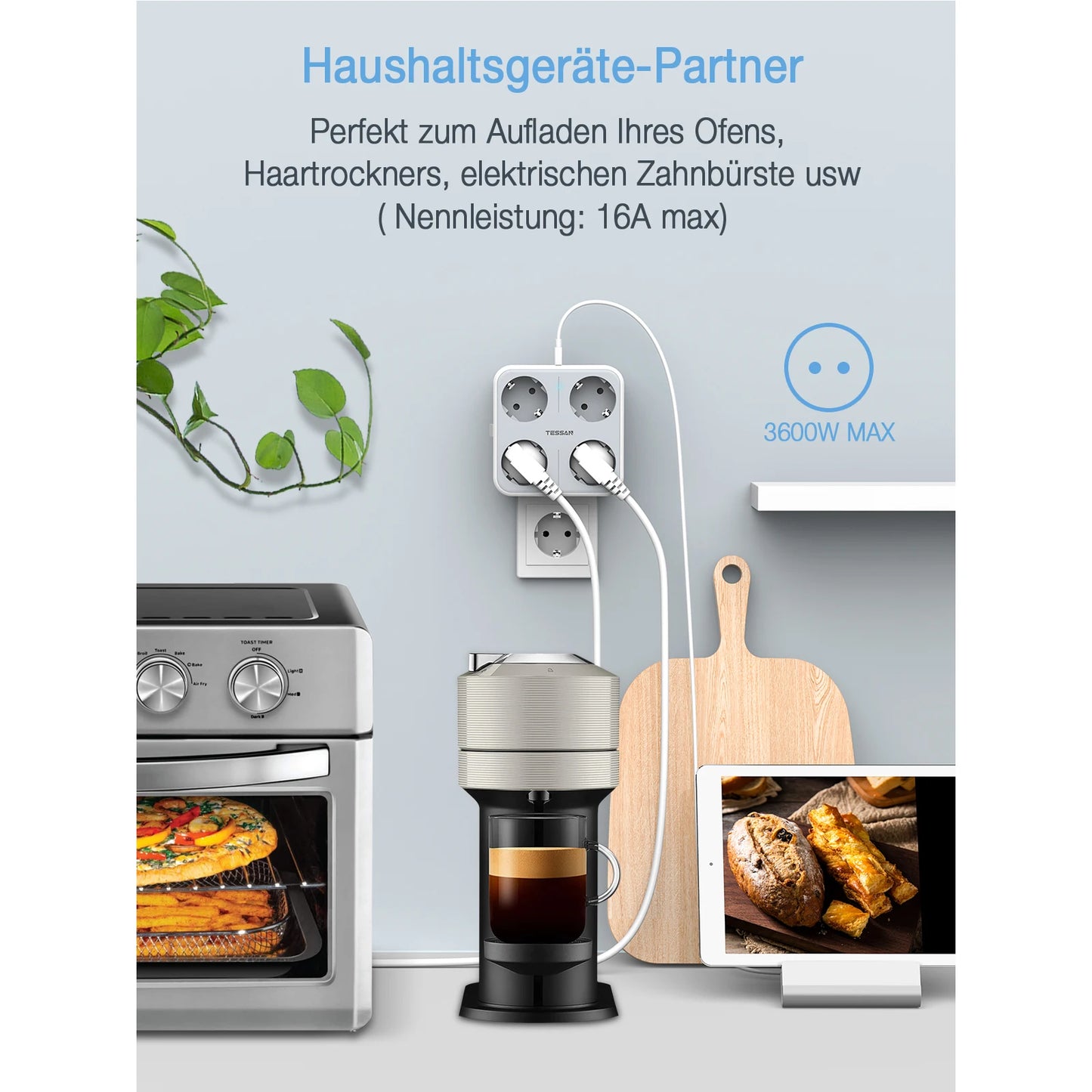 TESSAN multiprise à prises murales multiples avec 4 prises ca et 3 Ports USB adaptateur 7 en 1 protection contre les surcharges pour le bureau à domicile