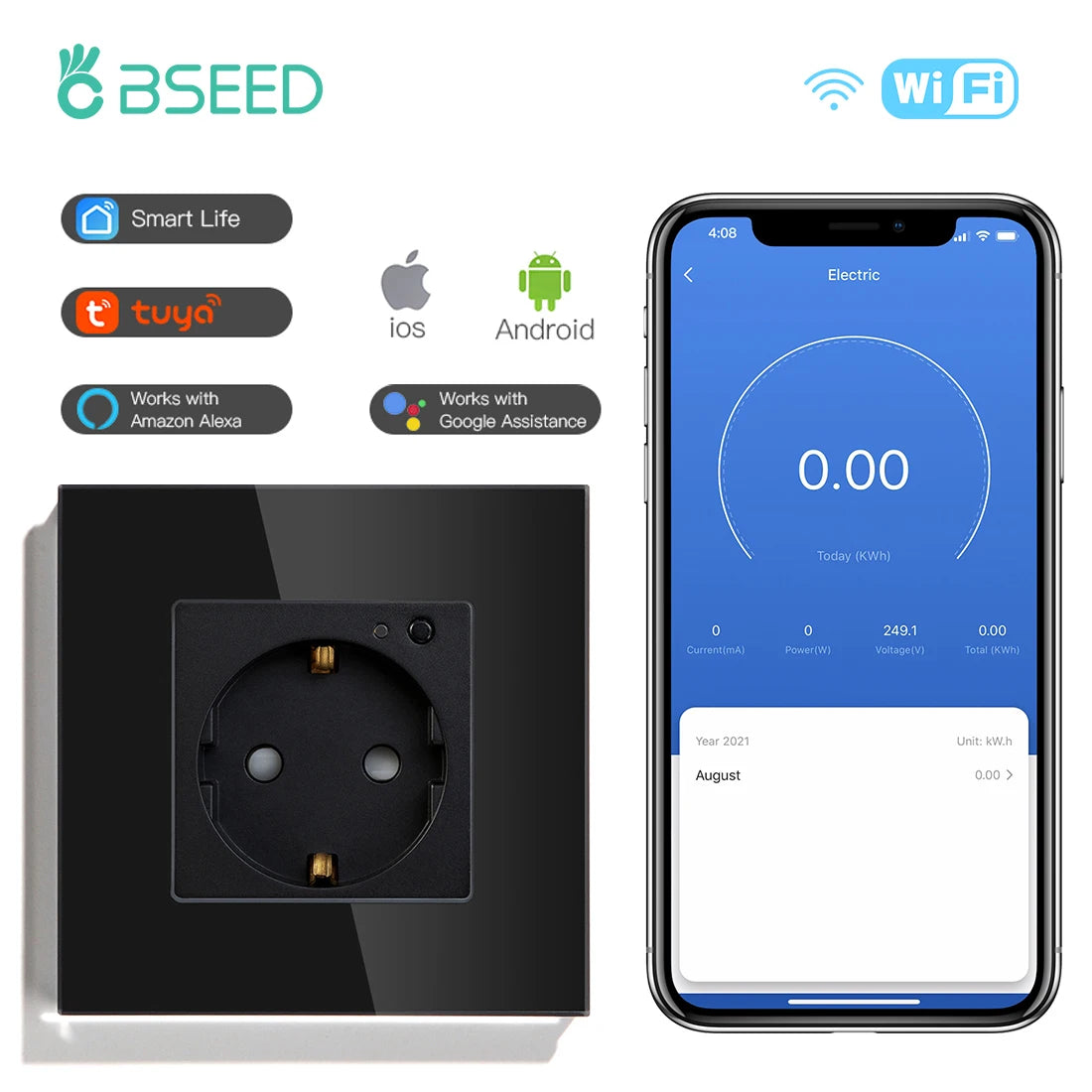 BSEED-Prise Murale Wifi EU Standard 86x86mm, Moniteur d'Alimentation Intelligent, Fonctionne avec Google Alexa