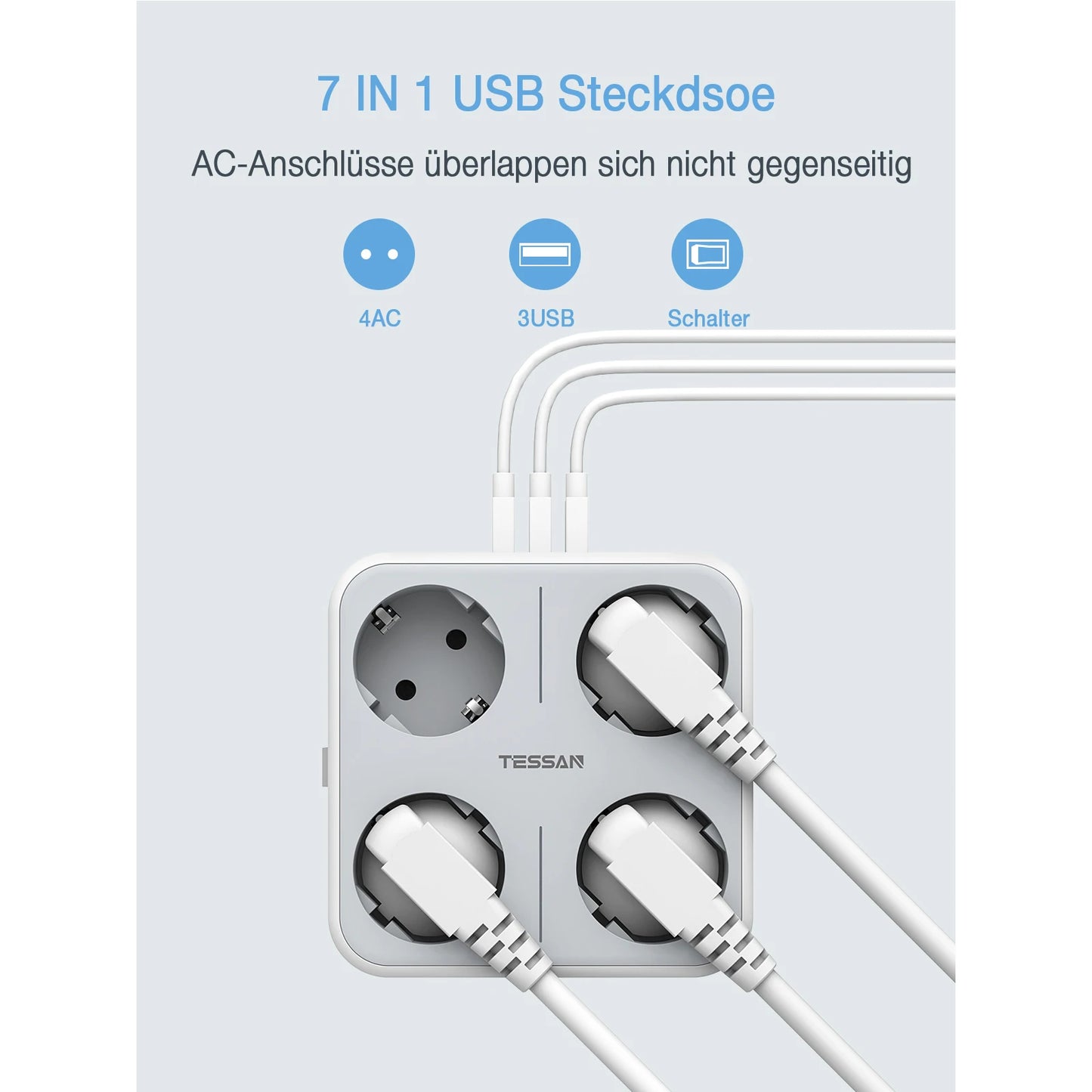 TESSAN multiprise à prises murales multiples avec 4 prises ca et 3 Ports USB adaptateur 7 en 1 protection contre les surcharges pour le bureau à domicile