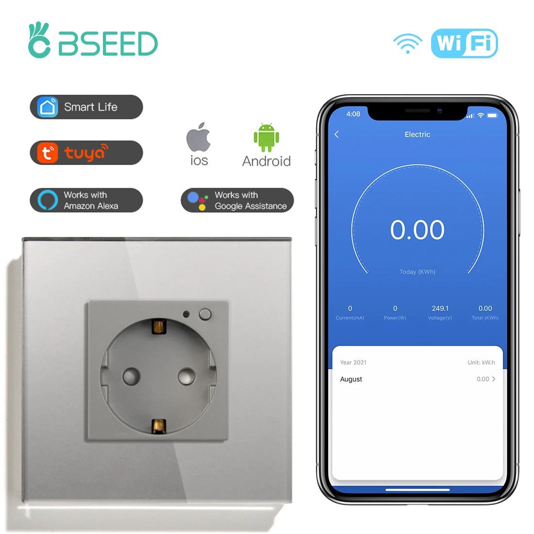 BSEED-Prise Murale Wifi EU Standard 86x86mm, Moniteur d'Alimentation Intelligent, Fonctionne avec Google Alexa