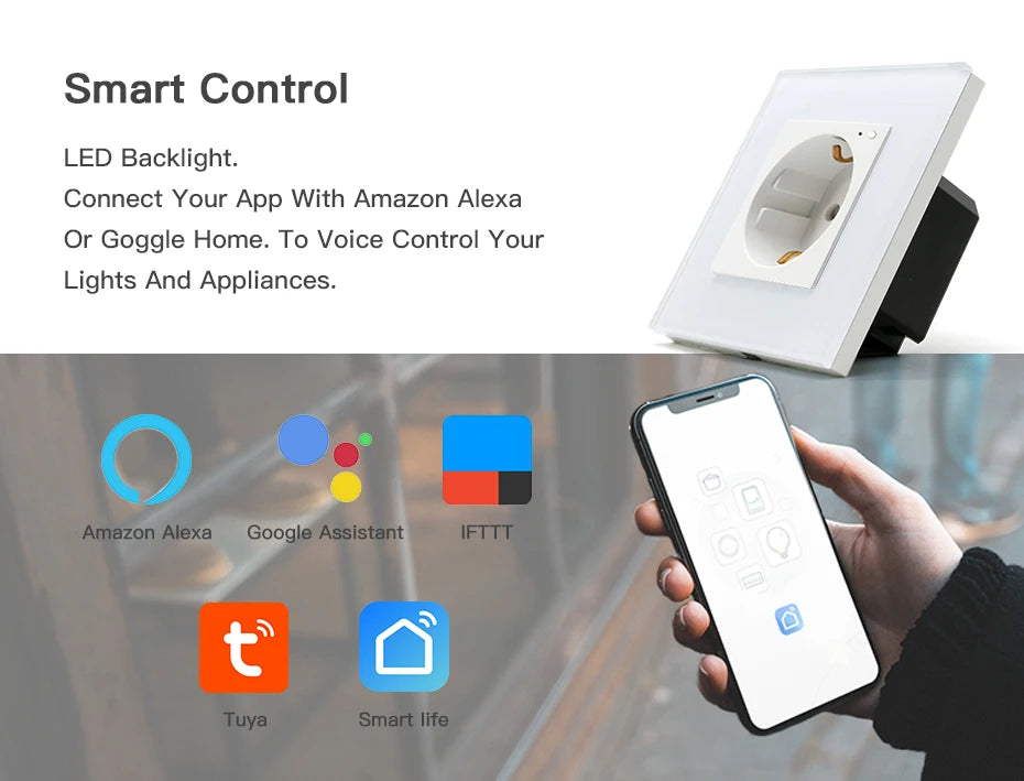 BSEED-Prise Murale Wifi EU Standard 86x86mm, Moniteur d'Alimentation Intelligent, Fonctionne avec Google Alexa