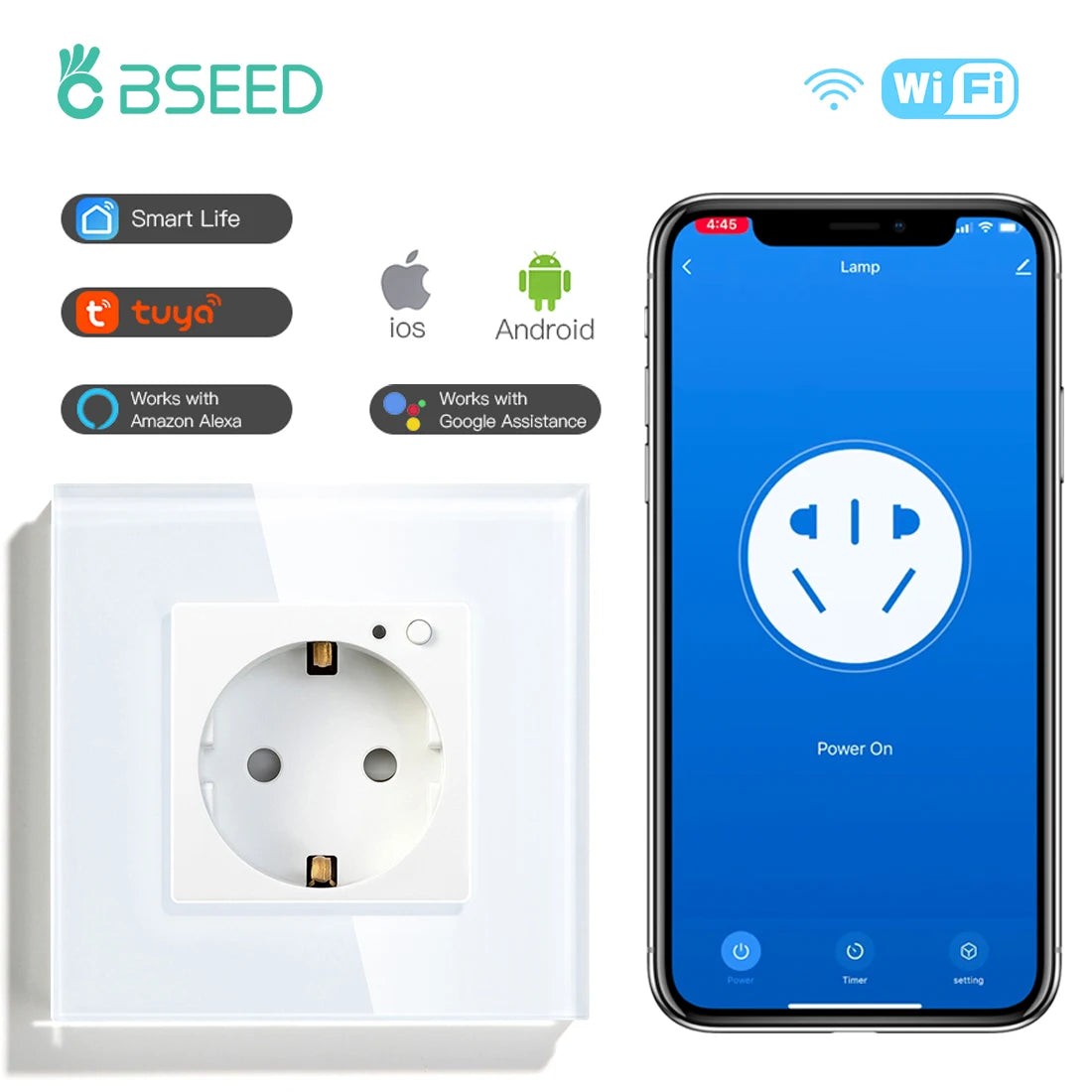 BSEED-Prise Murale Wifi EU Standard 86x86mm, Moniteur d'Alimentation Intelligent, Fonctionne avec Google Alexa