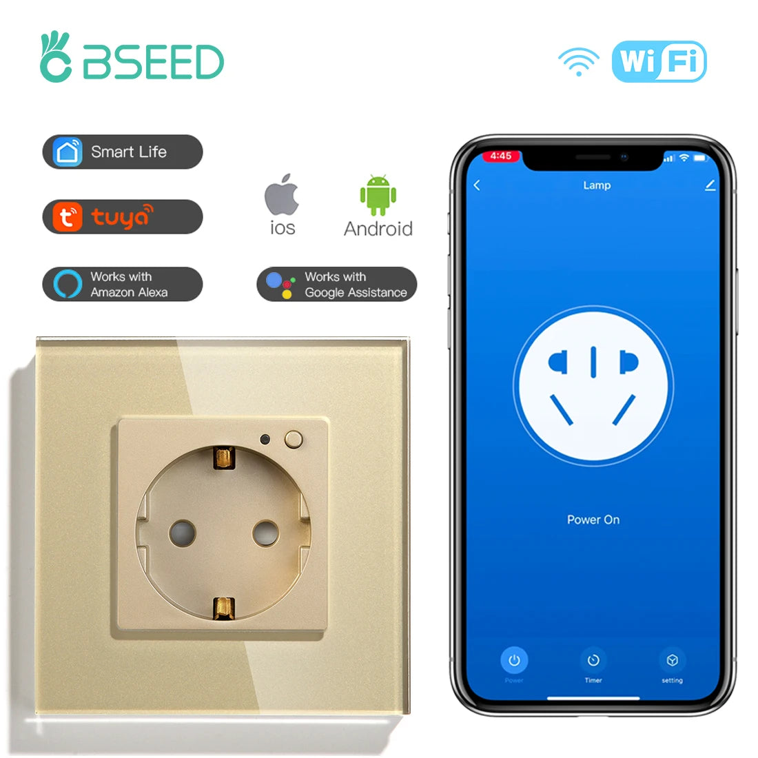 BSEED-Prise Murale Wifi EU Standard 86x86mm, Moniteur d'Alimentation Intelligent, Fonctionne avec Google Alexa