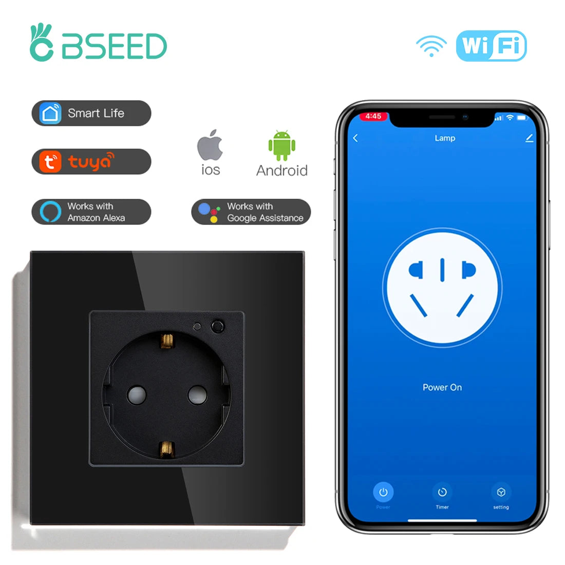 BSEED-Prise Murale Wifi EU Standard 86x86mm, Moniteur d'Alimentation Intelligent, Fonctionne avec Google Alexa