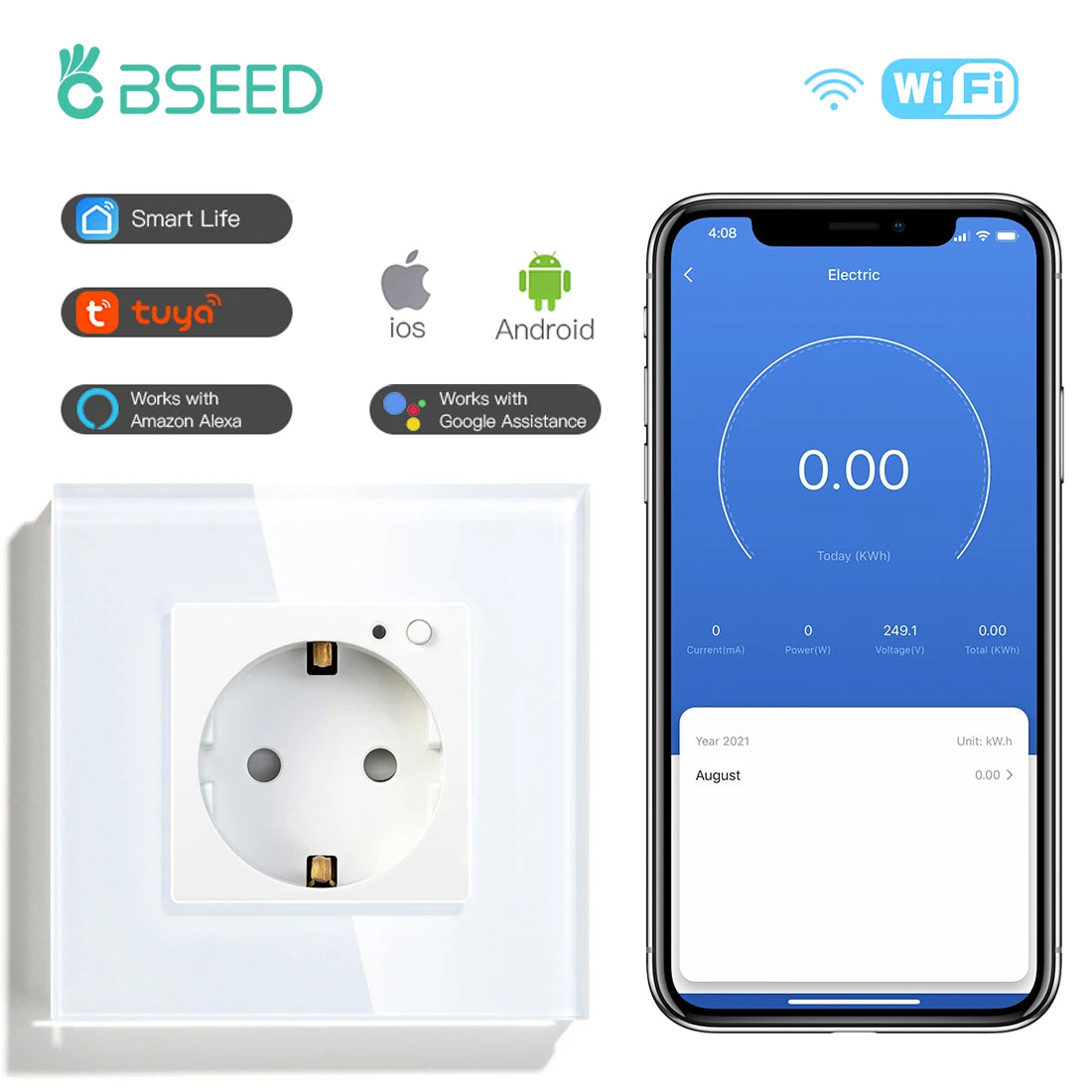 BSEED-Prise Murale Wifi EU Standard 86x86mm, Moniteur d'Alimentation Intelligent, Fonctionne avec Google Alexa