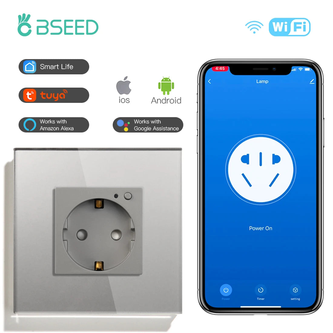 BSEED-Prise Murale Wifi EU Standard 86x86mm, Moniteur d'Alimentation Intelligent, Fonctionne avec Google Alexa