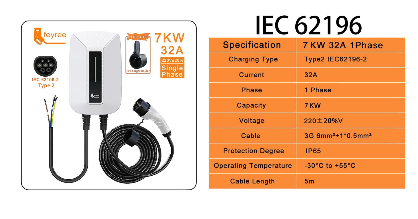 Feyree EV chargeur Type2 prise EVSE Wallbox 32A 7KW prise IEC62196-2 1 Phase 5m câble Station de charge murale pour voiture électrique