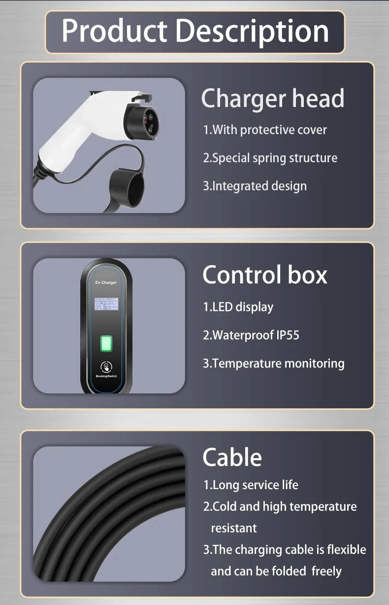 Teschev chargeur EV Portable 220V 3.5KW J1772 Type 1 IEC62196-2 Type 2 chargeur 16A chargeur à courant réglable pour voiture électrique