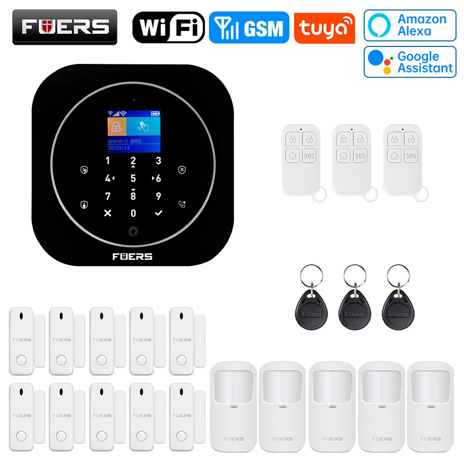 FUERS G12 Tuya WiFi GSM système d'alarme de sécurité sans fil maison affaires alarme antivol avec sirène RFID détecteur de mouvement capteur de fumée