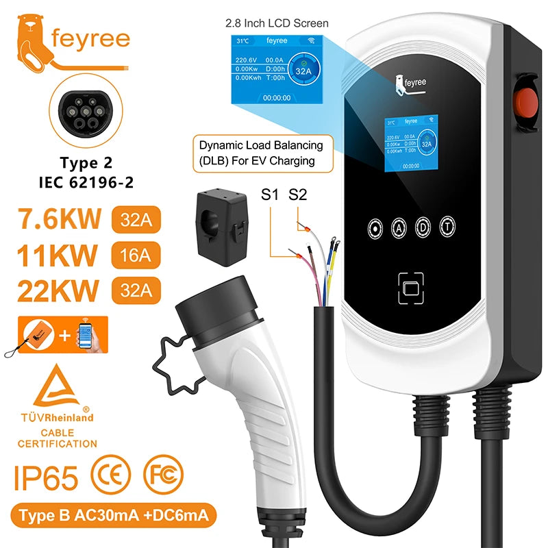 Feyree EV chargeur Type2 câble 32A 7.6kW charge dynamique blancage EVSE Wallbox APP fonction 11kW 22kW Station de charge voiture électrique