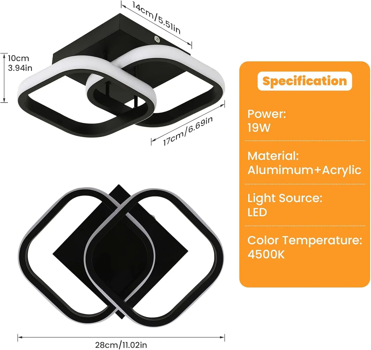 Plafonnier LED 19W, plafonnier d'intérieur moderne, lumière blanche neutre 300LM 4500K, plafonnier carré en acrylique pour couloir