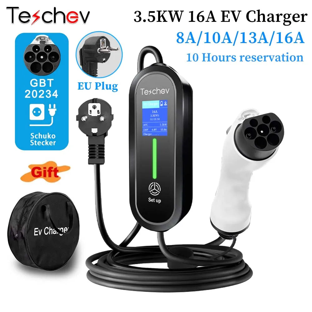 Teschev 3.5KW chargeur EV Portable Type 1 J1772 16A câble de charge GBT Wallbox EVSE Type 2 Stations de charge pour véhicule électrique