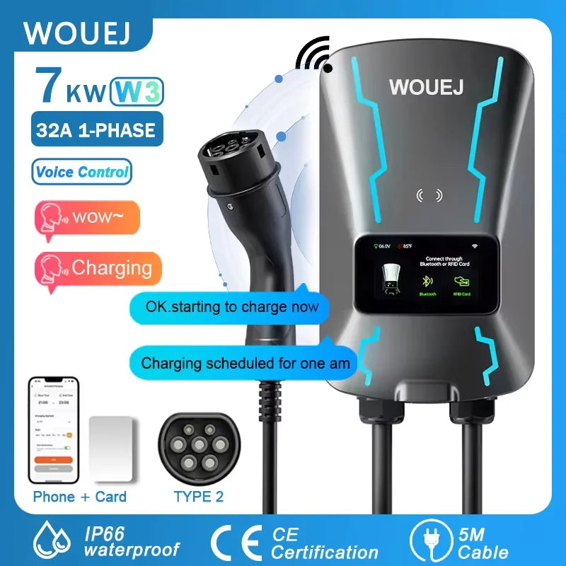WOUEJ EV Station de charge W3 Type 2 7KW 32A 1 phase chargeur de véhicule électrique Wallbox APP commande vocale carte RFID écran LCD