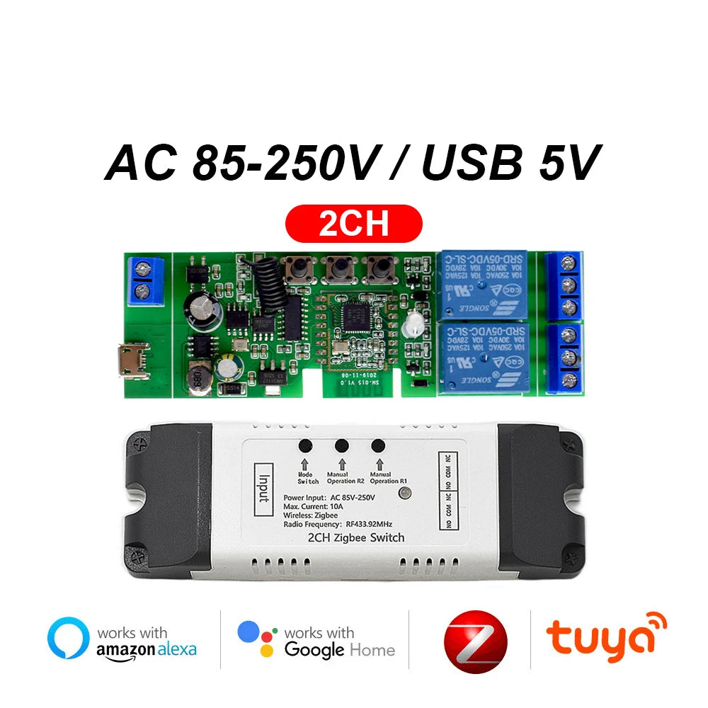 Contact sec Tuya commutateur intelligent Zigbee 1 2 4 canaux Zigbee Din Rail relais carte Module deux canaux RF 433 relais 12V 24V 230V