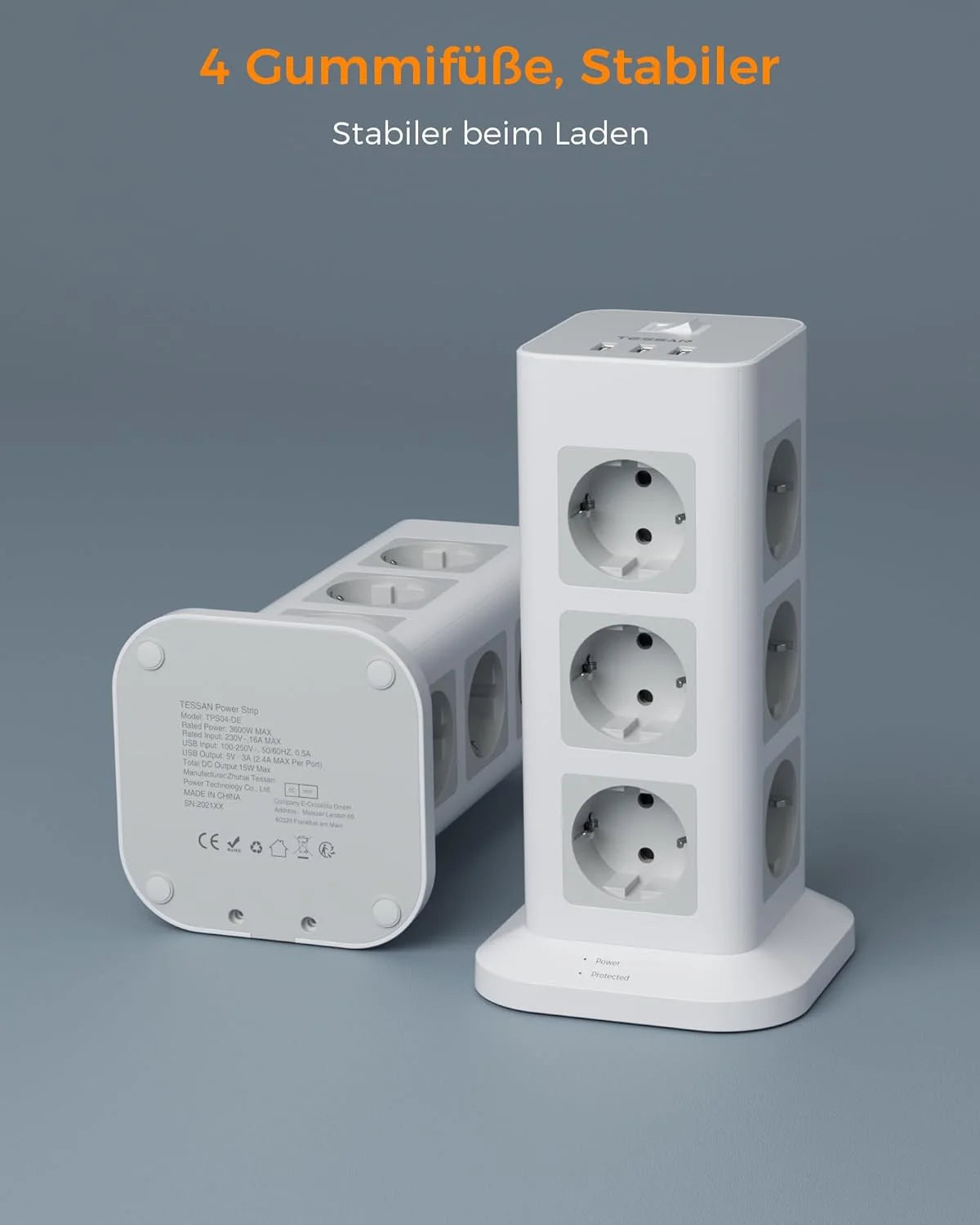 TESSAN Tour Extension Multiprise Protection contre les surtensions (1700J) avec 8 prises AC et 3 Ports USB Prise Multiple avec interrupteur pour la maison