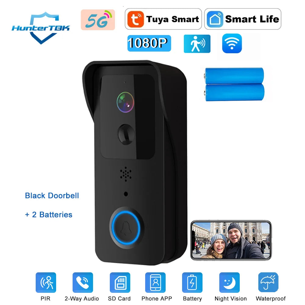 Sonnette vidéo WiFi 5G 2.4G, 1080P, Tuya, interphone intelligent sans fil pour l'extérieur, caméra sans fil étanche avec sonnerie d'alimentation AC/DC
