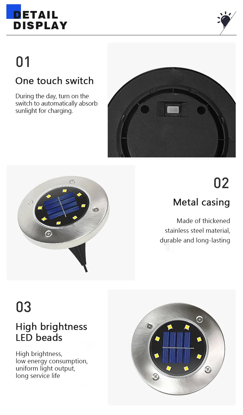 8/20LED disque solaire extérieur lumière IP65 jardin extérieur solaire lampes souterraines pont lumière enterré solaire jardin lumière décorative