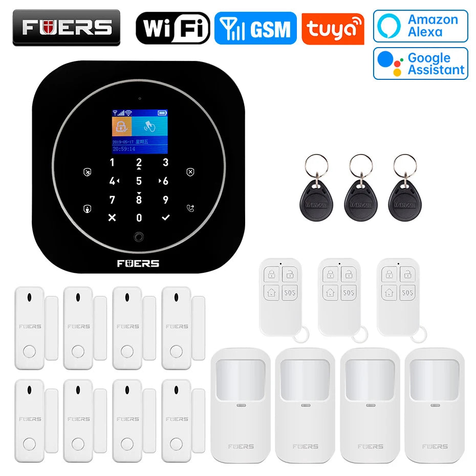 FUERS G12 Tuya WiFi GSM système d'alarme de sécurité sans fil maison affaires alarme antivol avec sirène RFID détecteur de mouvement capteur de fumée