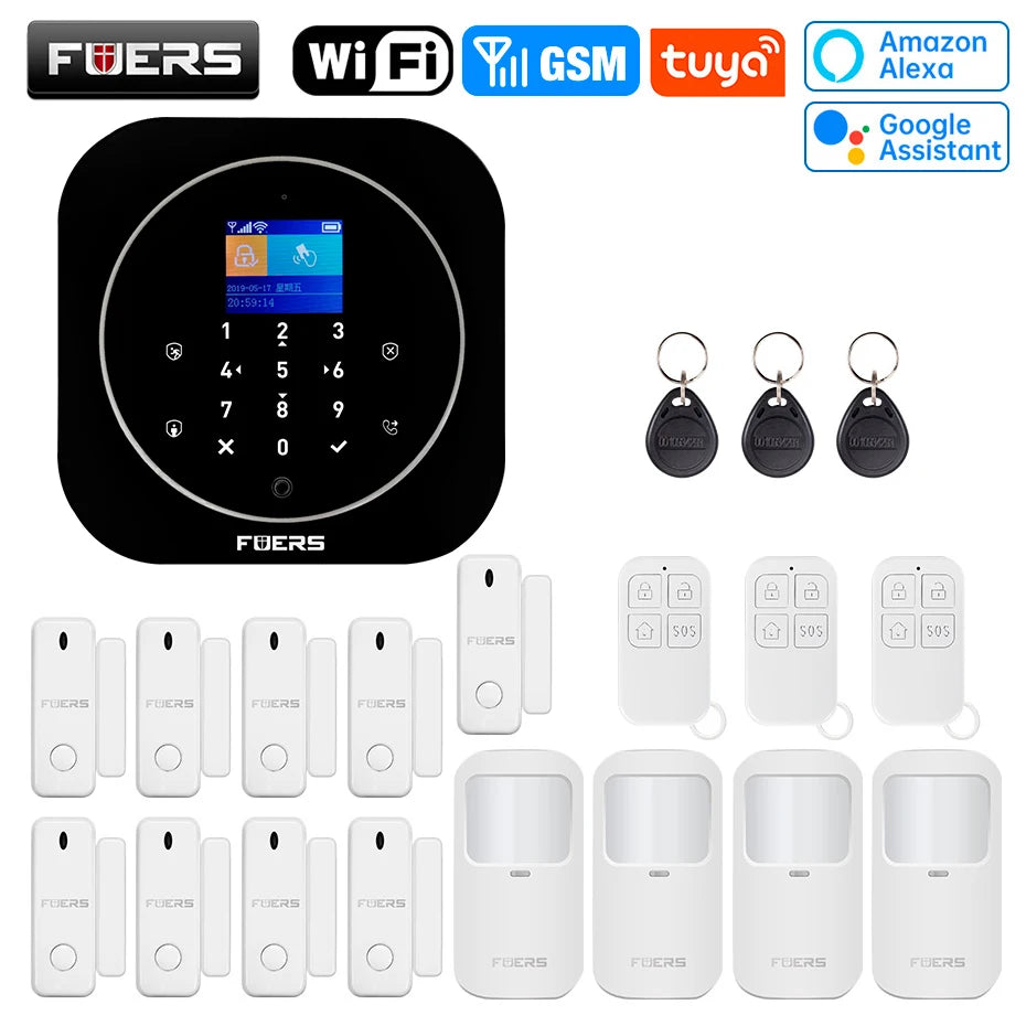 FUERS G12 Tuya WiFi GSM système d'alarme de sécurité sans fil maison affaires alarme antivol avec sirène RFID détecteur de mouvement capteur de fumée