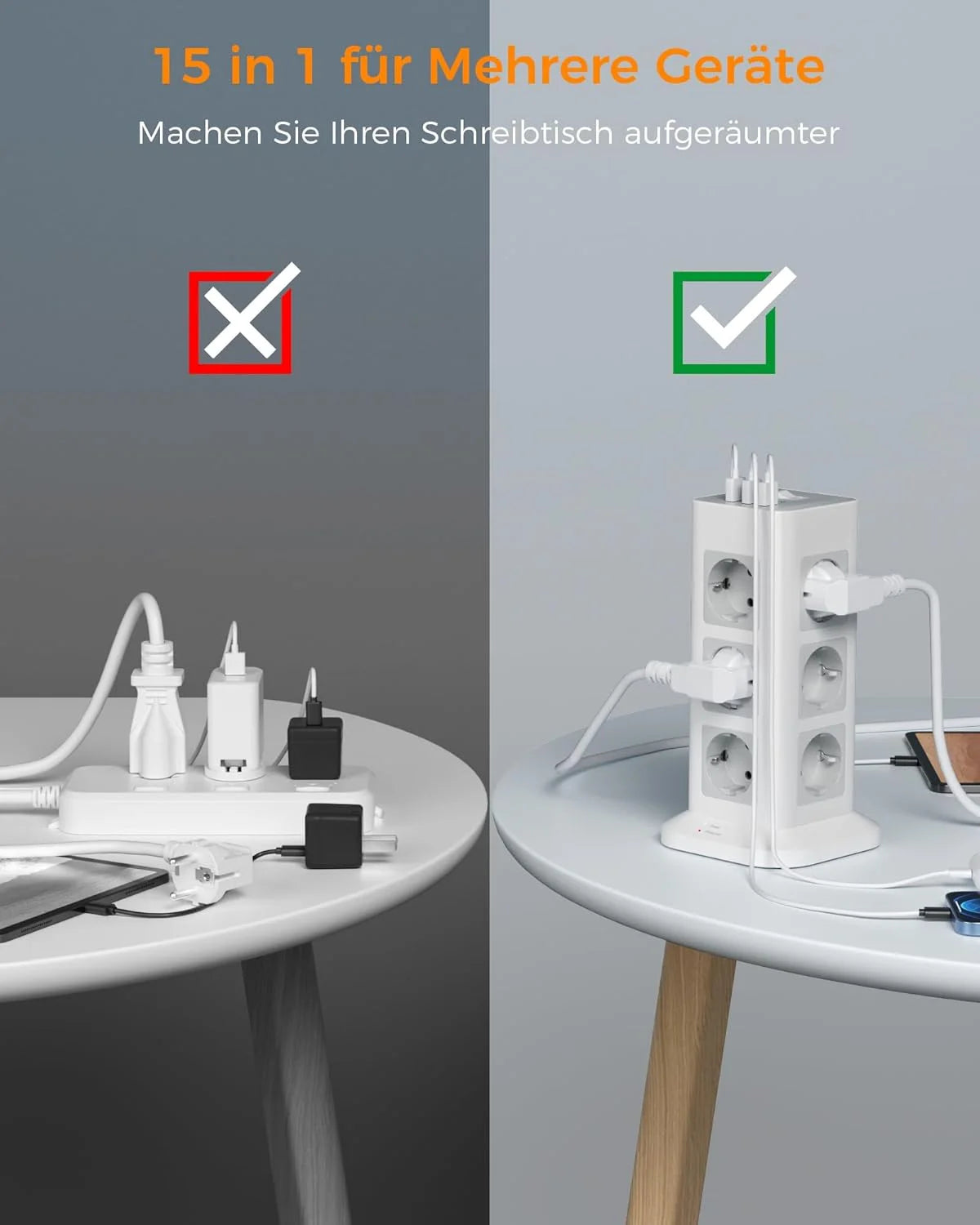 TESSAN Tour Extension Multiprise Protection contre les surtensions (1700J) avec 8 prises AC et 3 Ports USB Prise Multiple avec interrupteur pour la maison