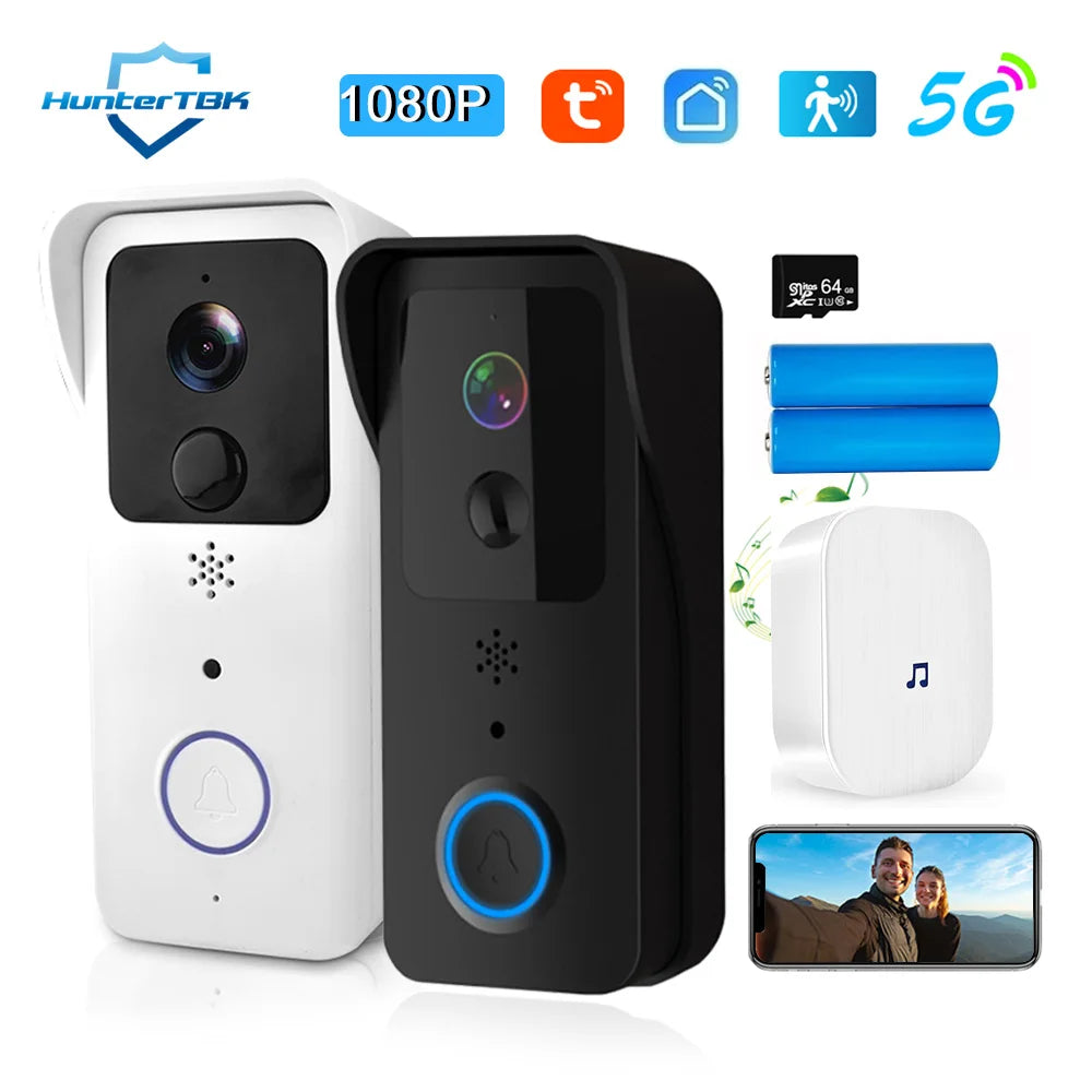 Sonnette vidéo WiFi 5G 2.4G, 1080P, Tuya, interphone intelligent sans fil pour l'extérieur, caméra sans fil étanche avec sonnerie d'alimentation AC/DC