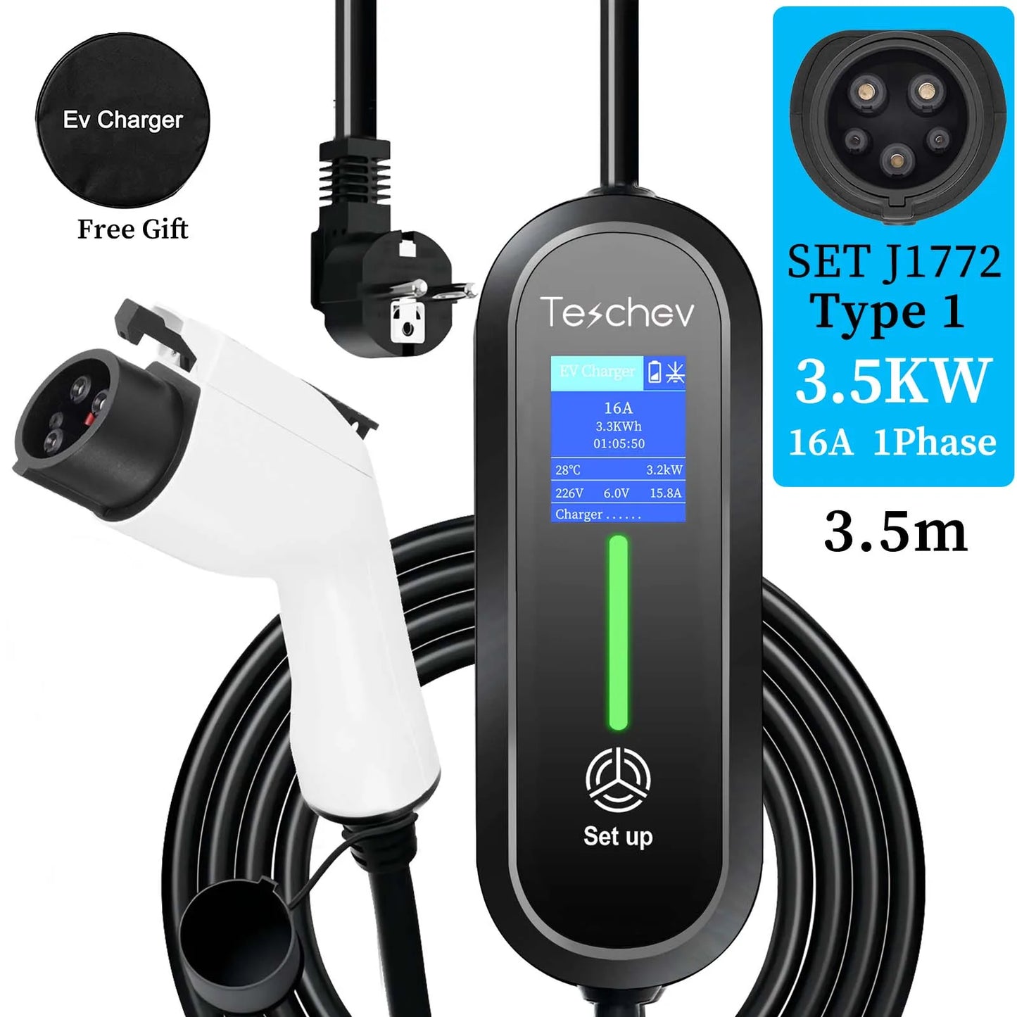 Teschev chargeur EV Portable 220V 3.5KW J1772 Type 1 IEC62196-2 Type 2 chargeur 16A chargeur à courant réglable pour voiture électrique