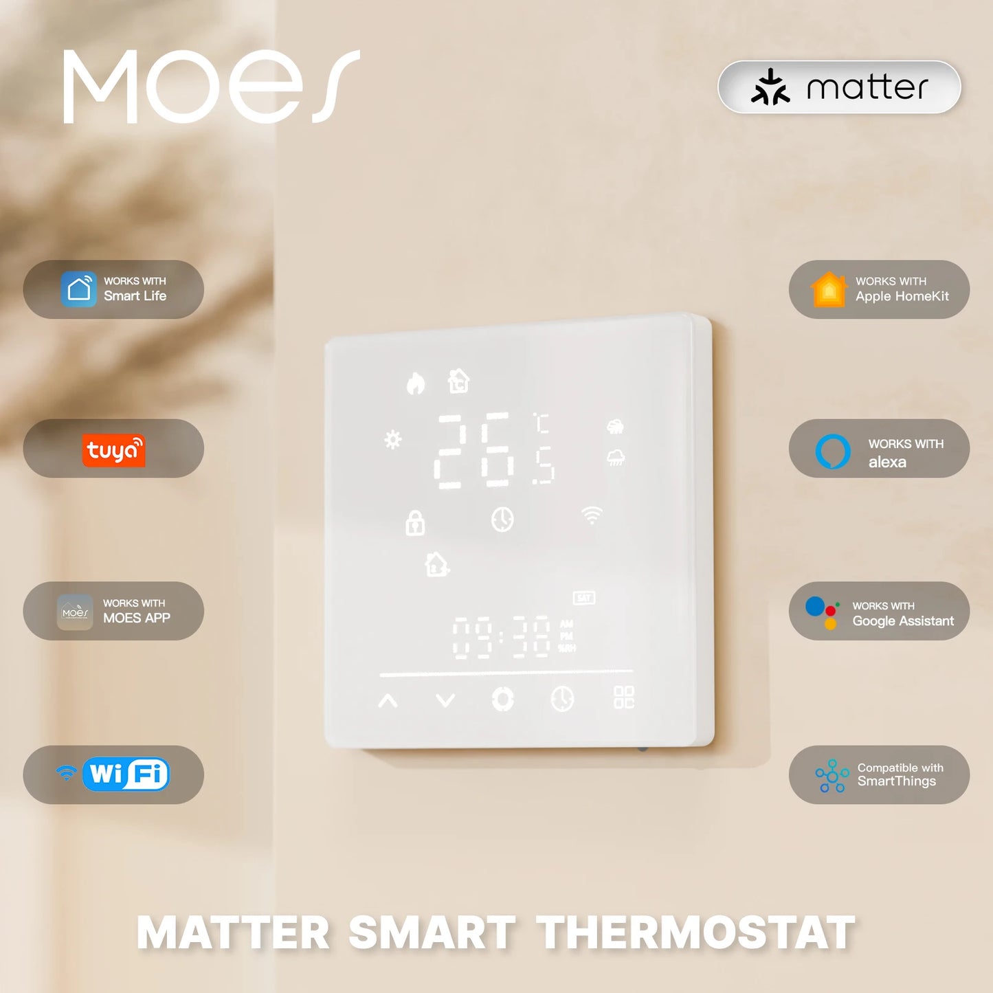 MOES-Tuya Matter WiFi Smart ThermoandreTemperature Contrmatérielle, Water Bomicrophone, Electric Heating, Alexa, Google, Apple SmartThings