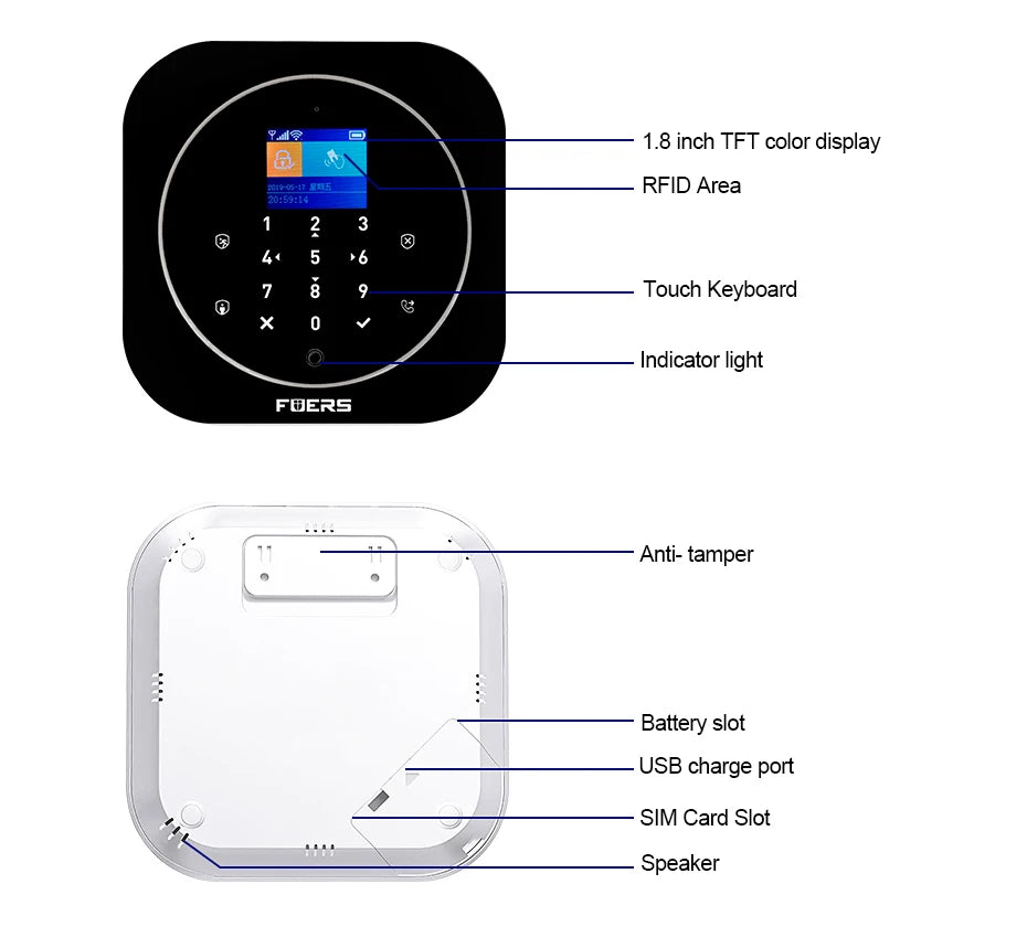 FUERS G12 Tuya WiFi GSM système d'alarme de sécurité sans fil maison affaires alarme antivol avec sirène RFID détecteur de mouvement capteur de fumée