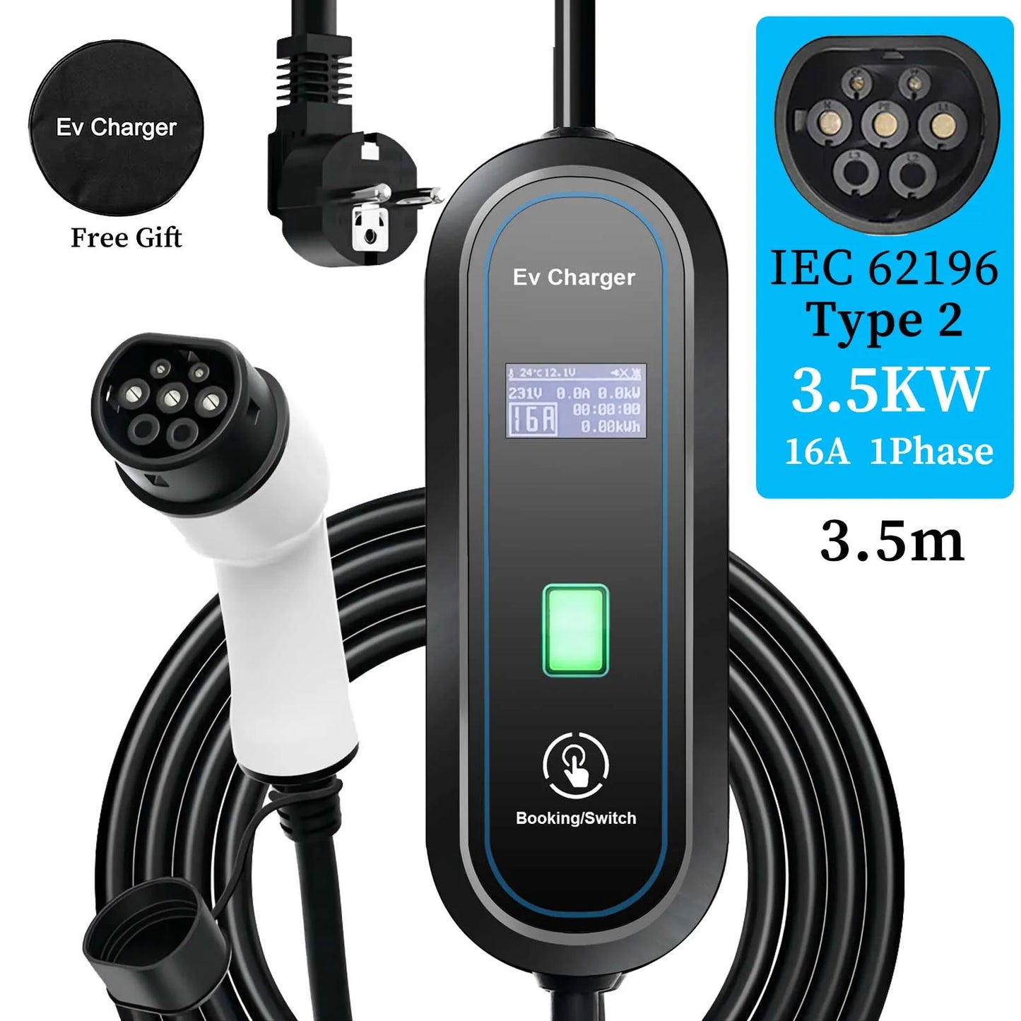 Teschev chargeur EV Portable 220V 3.5KW J1772 Type 1 IEC62196-2 Type 2 chargeur 16A chargeur à courant réglable pour voiture électrique