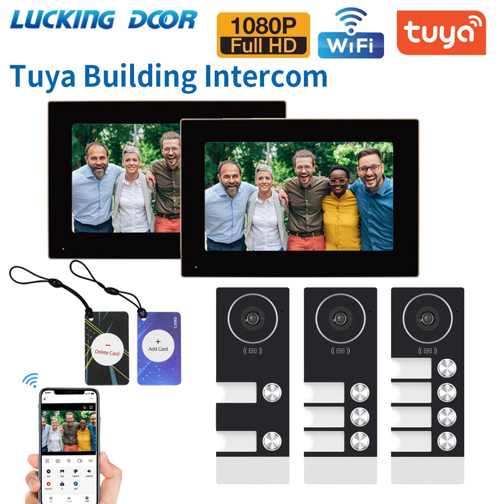 TUYA-Visiophone Multifamilial avec Écran de 3/4 Pouces, Kit d'Interphone Vidéo, Wifi, Moniteur, Cloche de Porte, Déverrouillage de Carte, Appartement, 2/7/10