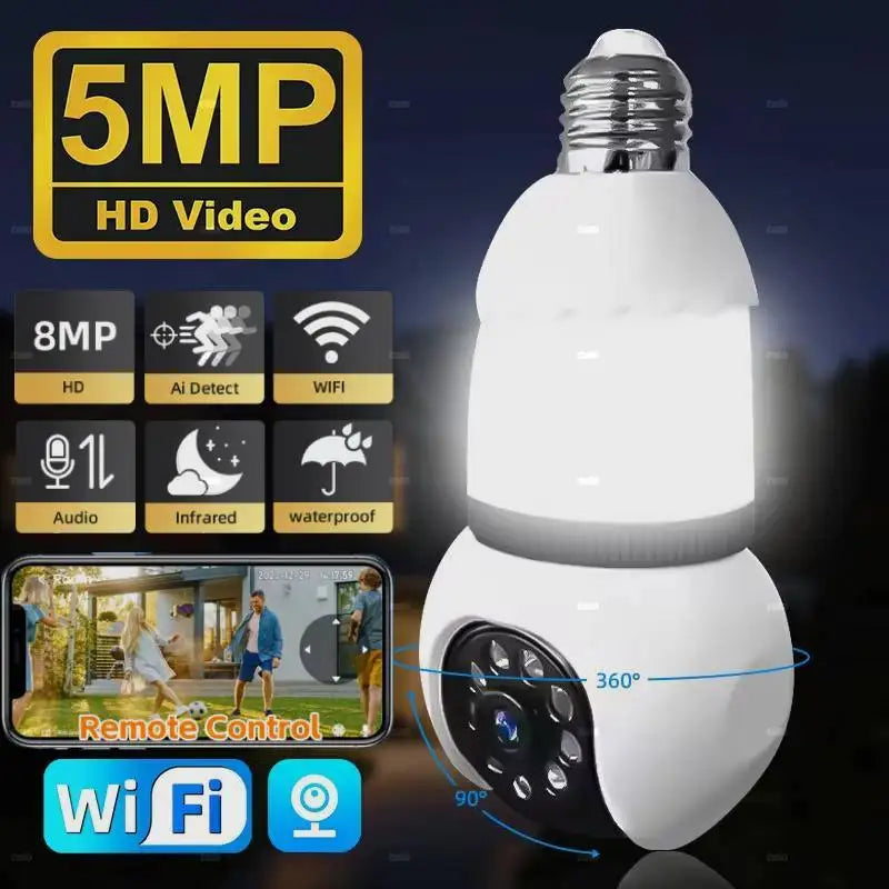 5MP lampe E27 ampoule WiFi caméra LED ampoule caméra IP intelligente surveillance PTZ 8X Zoom suivi Audio bidirectionnel Vision nocturne caméra sans fil
