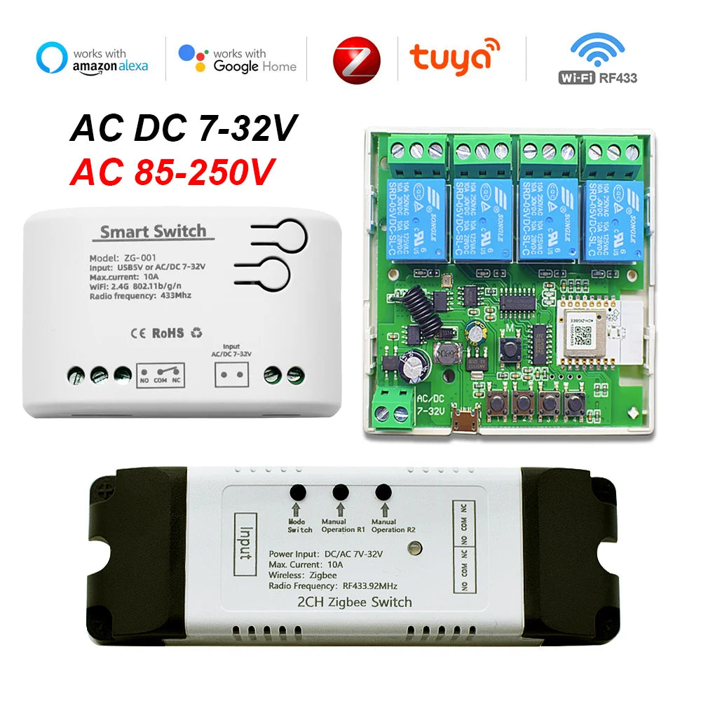 Tuya Zigbee 1 2 4 Gang Module de relais de commutateur USB 5V Dc 12v 24v 110v 220v 230v Contact sec 4CH contrôleur sur Rail Din passerelle requise