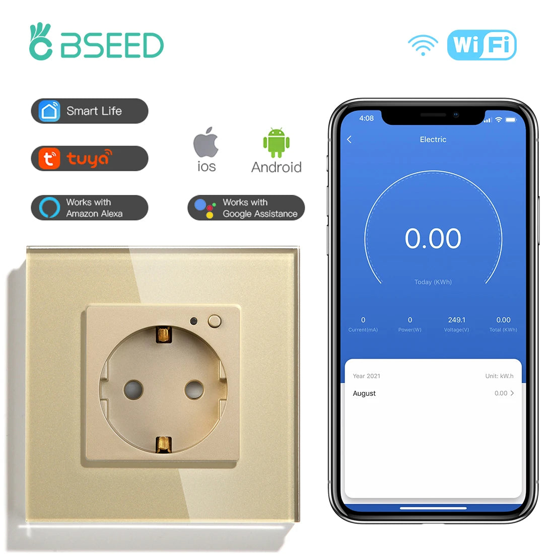 BSEED-Prise Murale Wifi EU Standard 86x86mm, Moniteur d'Alimentation Intelligent, Fonctionne avec Google Alexa