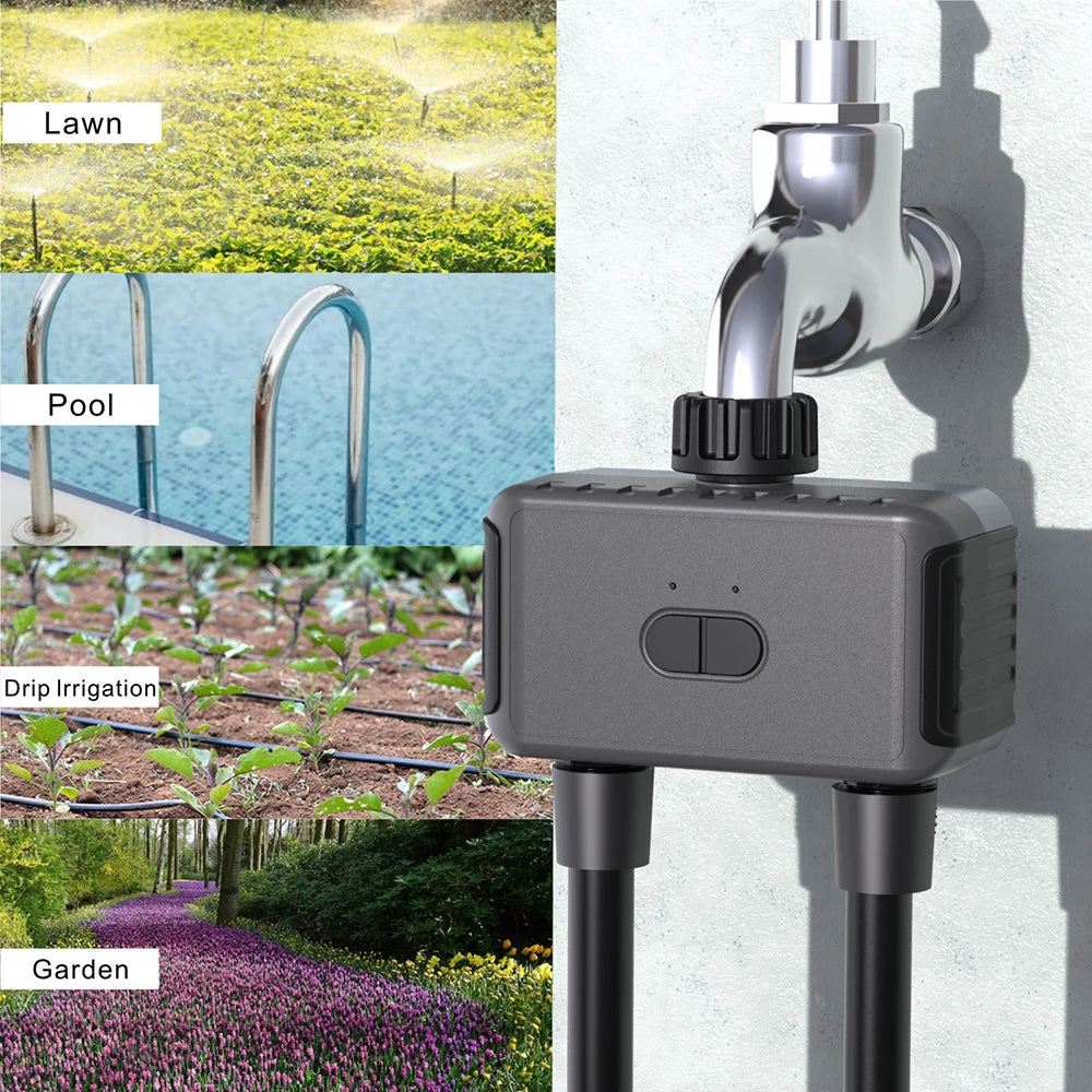 Tuya – minuteries d'arrosage de jardin intelligentes, 2 sorties, contrôleur d'irrigation goutte à goutte, Valve d'eau, retardateur de pluie, contrôleurs programmables