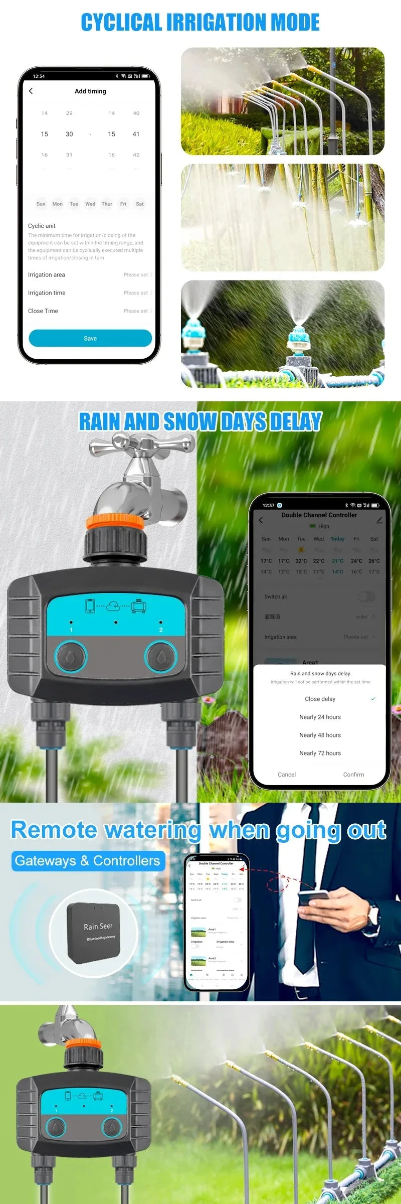 Minuterie d'arrosage intelligente, minuterie d'eau bidirectionnelle, WiFi, Bluetooth, d'argile de jardin, électrovanne intelligente, télécommande de téléphone sans fil