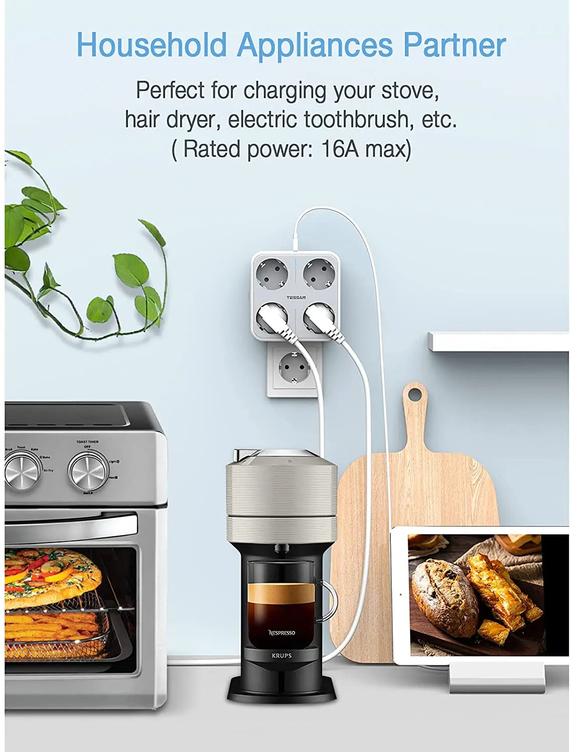 TESSAN multiprise à prises murales multiples avec 4 prises ca et 3 Ports USB adaptateur 7 en 1 protection contre les surcharges pour le bureau à domicile